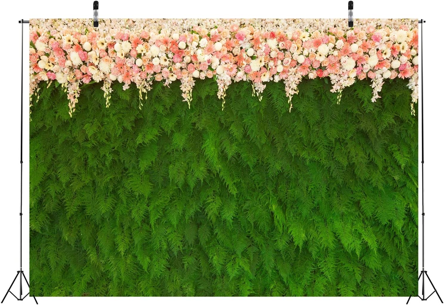 5x3ft Green Leaves Fabric Backdrop with White Pink Flowers