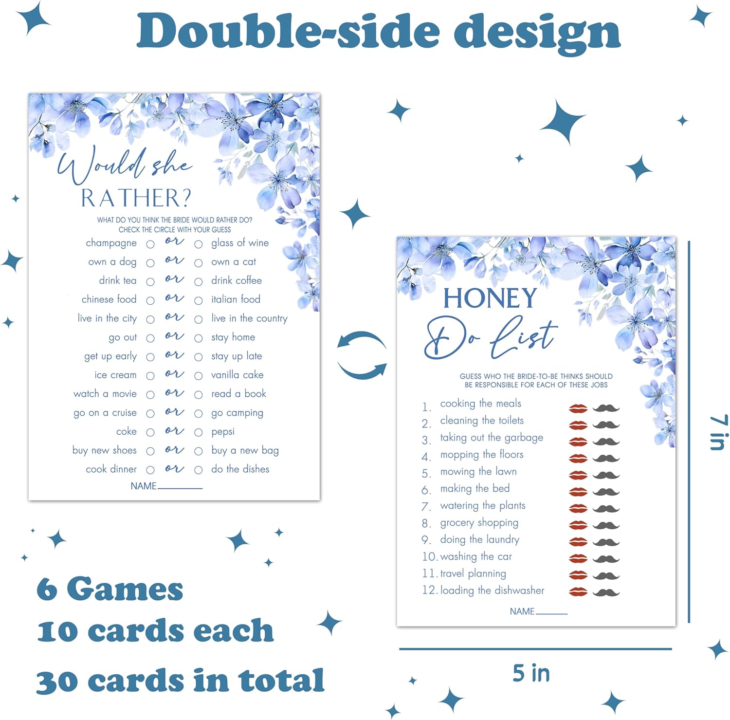 Bridal Shower Games Set of 5 Blue Flowers Theme