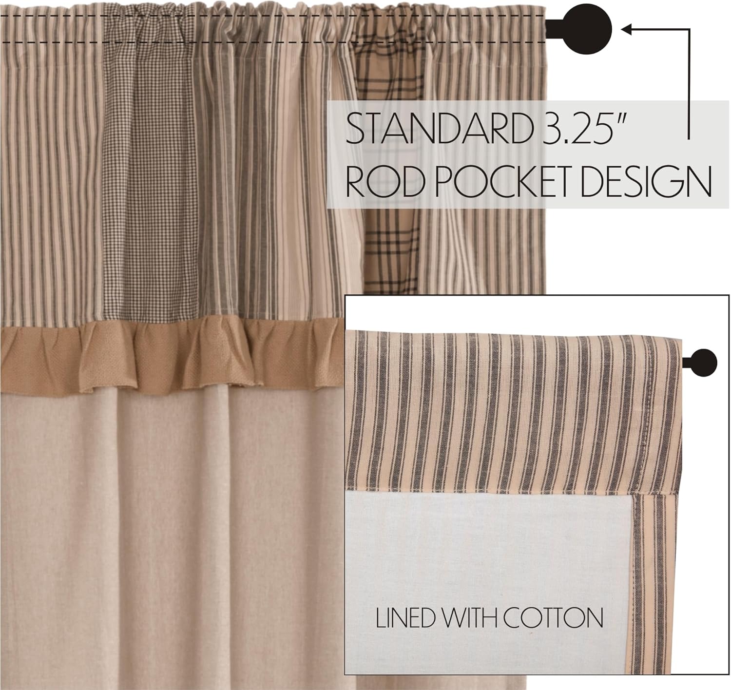 VHC Brands Sawyer Mill Curtain Panel 63x36 Charcoal Khaki Tan