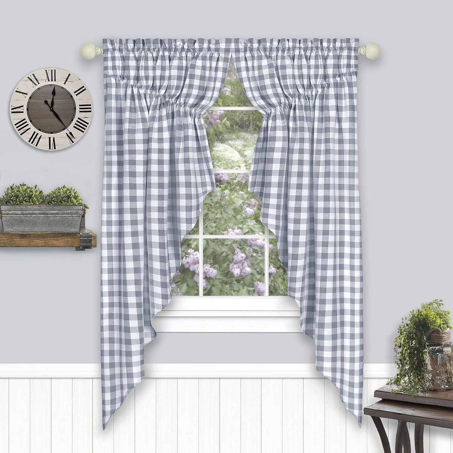 Farmhouse Curtains Buffalo Plaid Gathered Swags Gray 72x63
