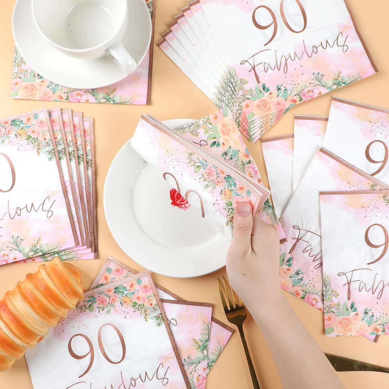 90th Birthday Rose Gold Floral Napkins Set 50pcs