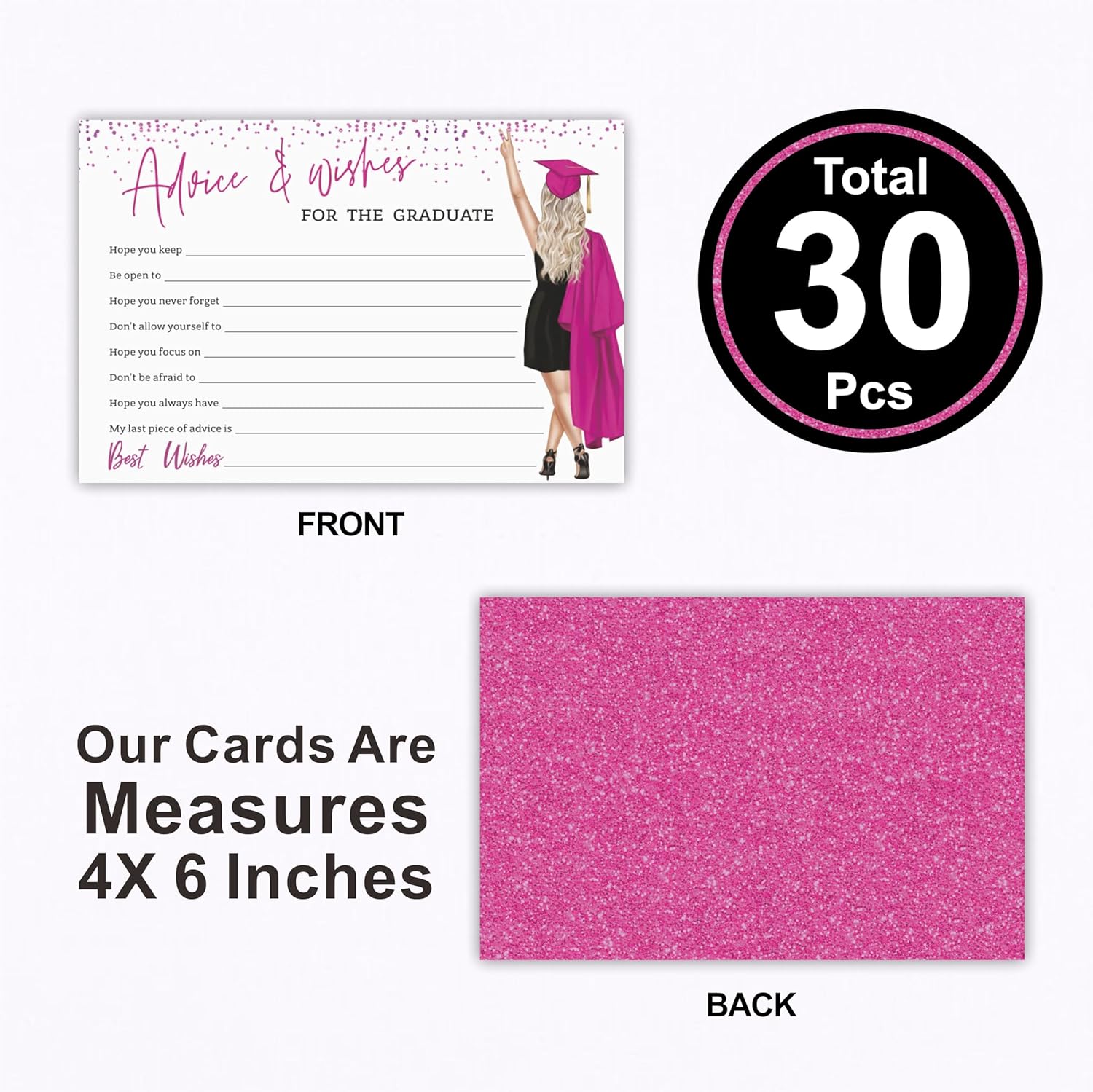 30 Pink Grad Girl Advice Cards with Confetti Fill-In Style