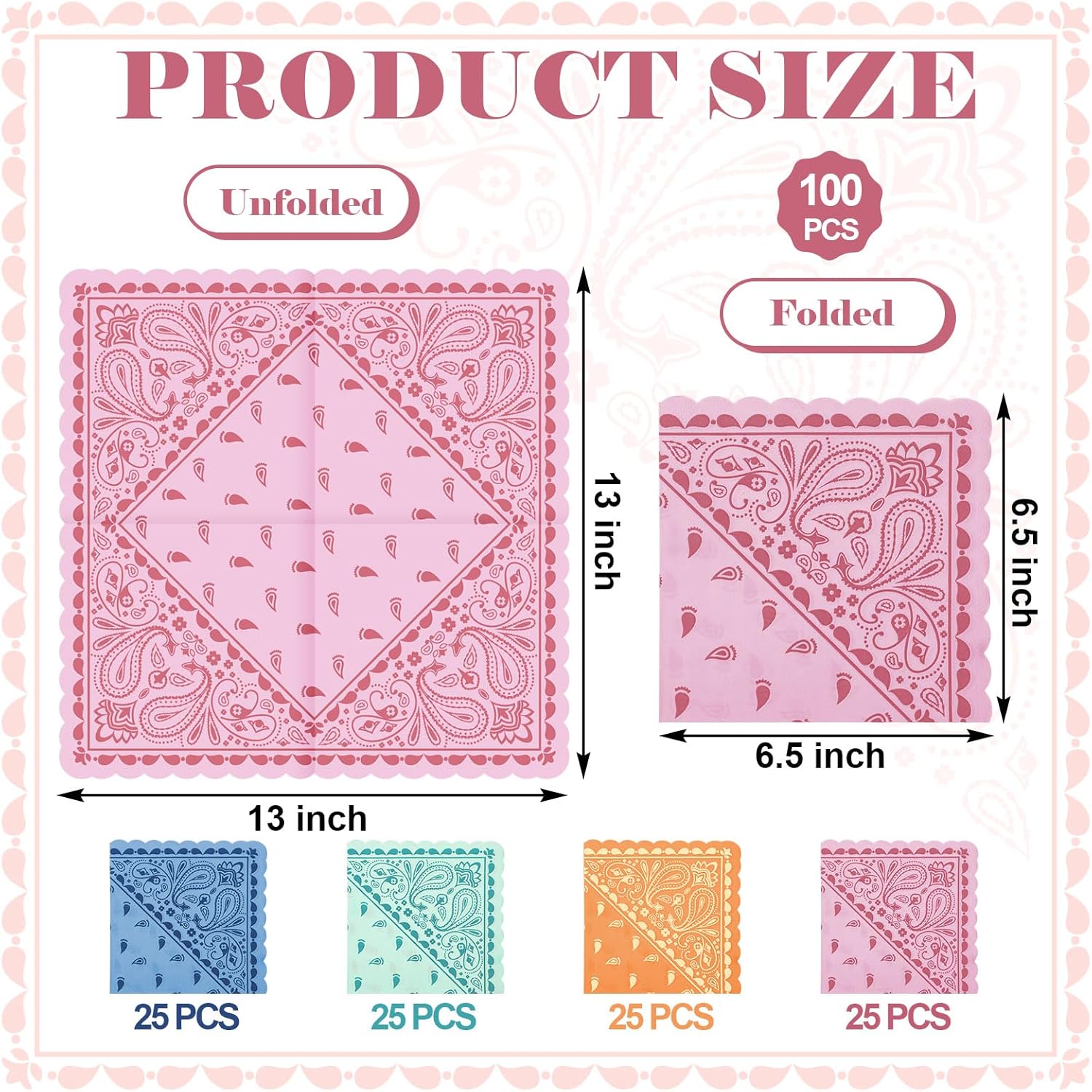 Faccito 100 Pcs Western Bandana Napkins 2 Ply Paisley Print