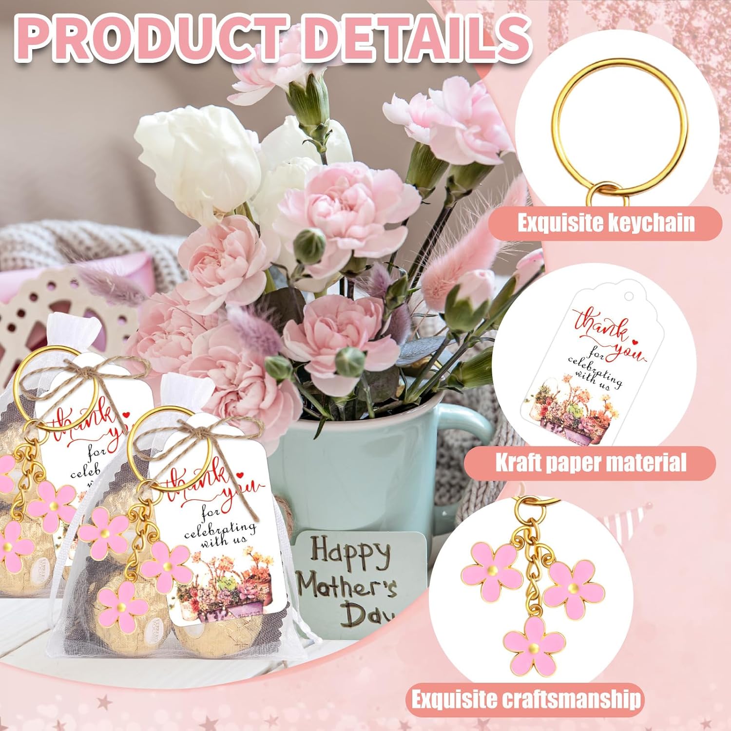 30 Piece Wedding Party Favors with Flowers Keychain and Organza Bag