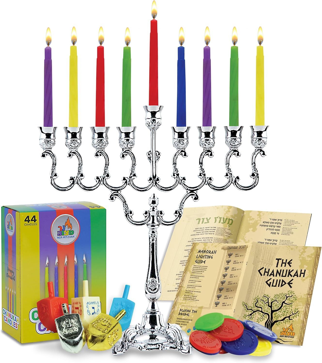 Ner Mitzvah Hanukkah Menorah with Candles and Dreidels