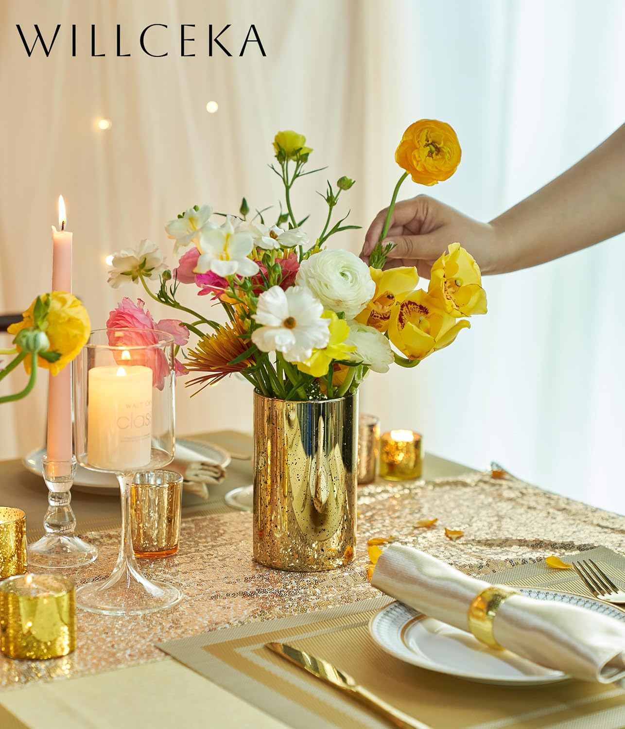 Gold Candle Holder Hurricane Cylinder Vase Set of 6 for Wedding Centerpieces