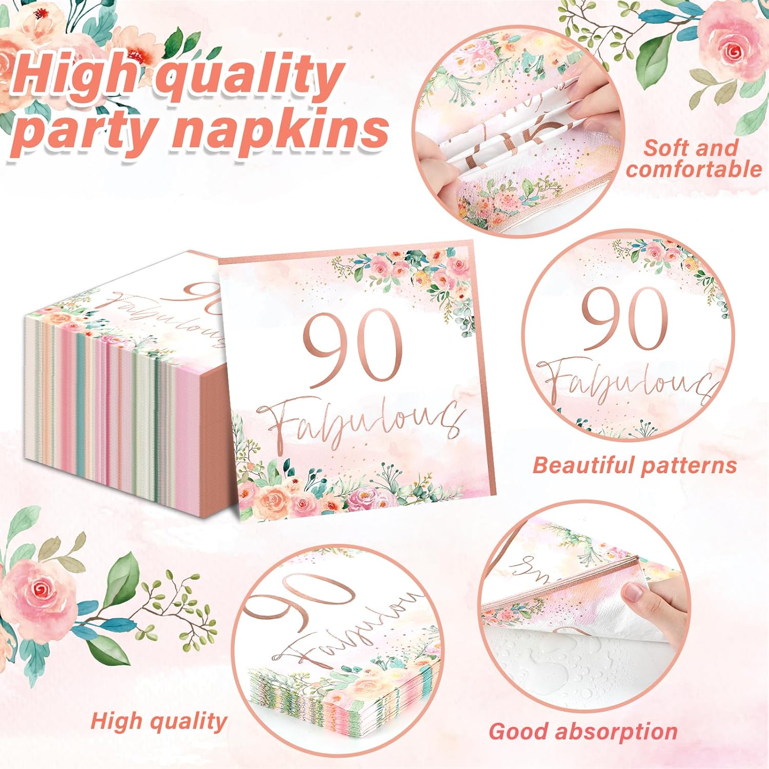 90th Birthday Rose Gold Floral Napkins Set 50pcs