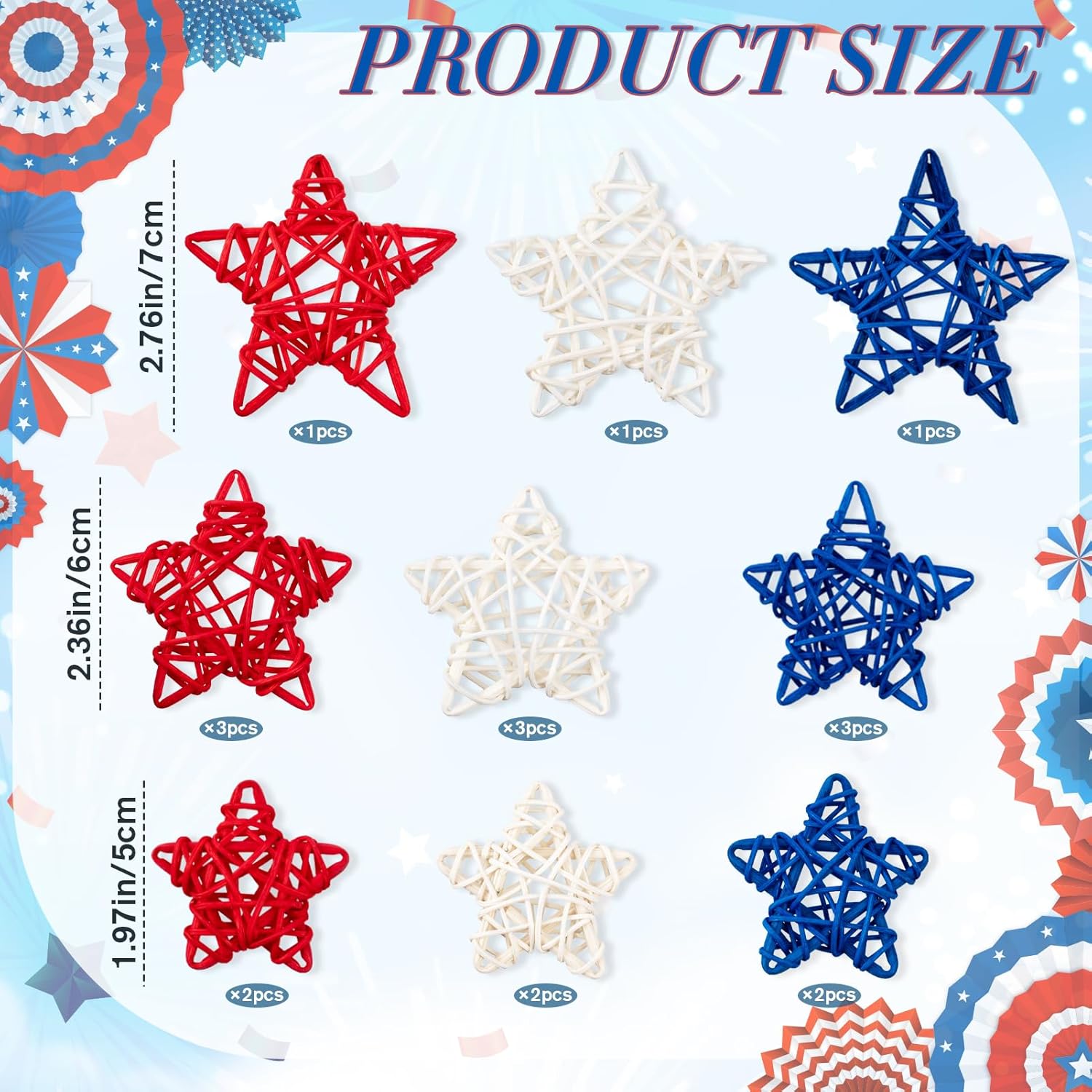 18pcs Patriotic Rattan Star Decorations Red Blue White