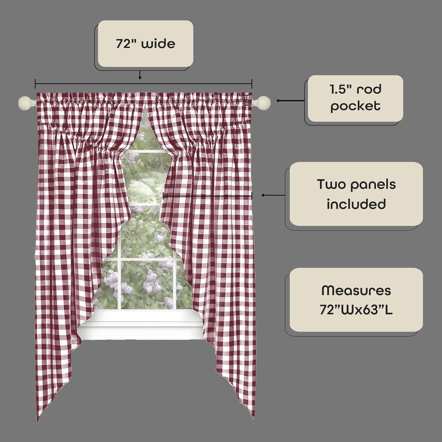 Buffalo Check Gathered Swag Curtains - 72x63 Inch Burgundy Ivory Pair