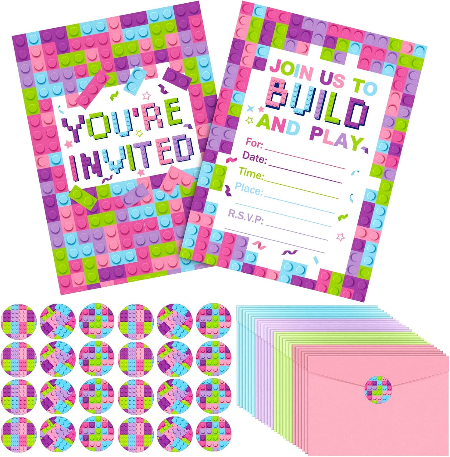 Colarr 24 Set Pink Birthday Party Invitations with Envelopes and Sticker Labels