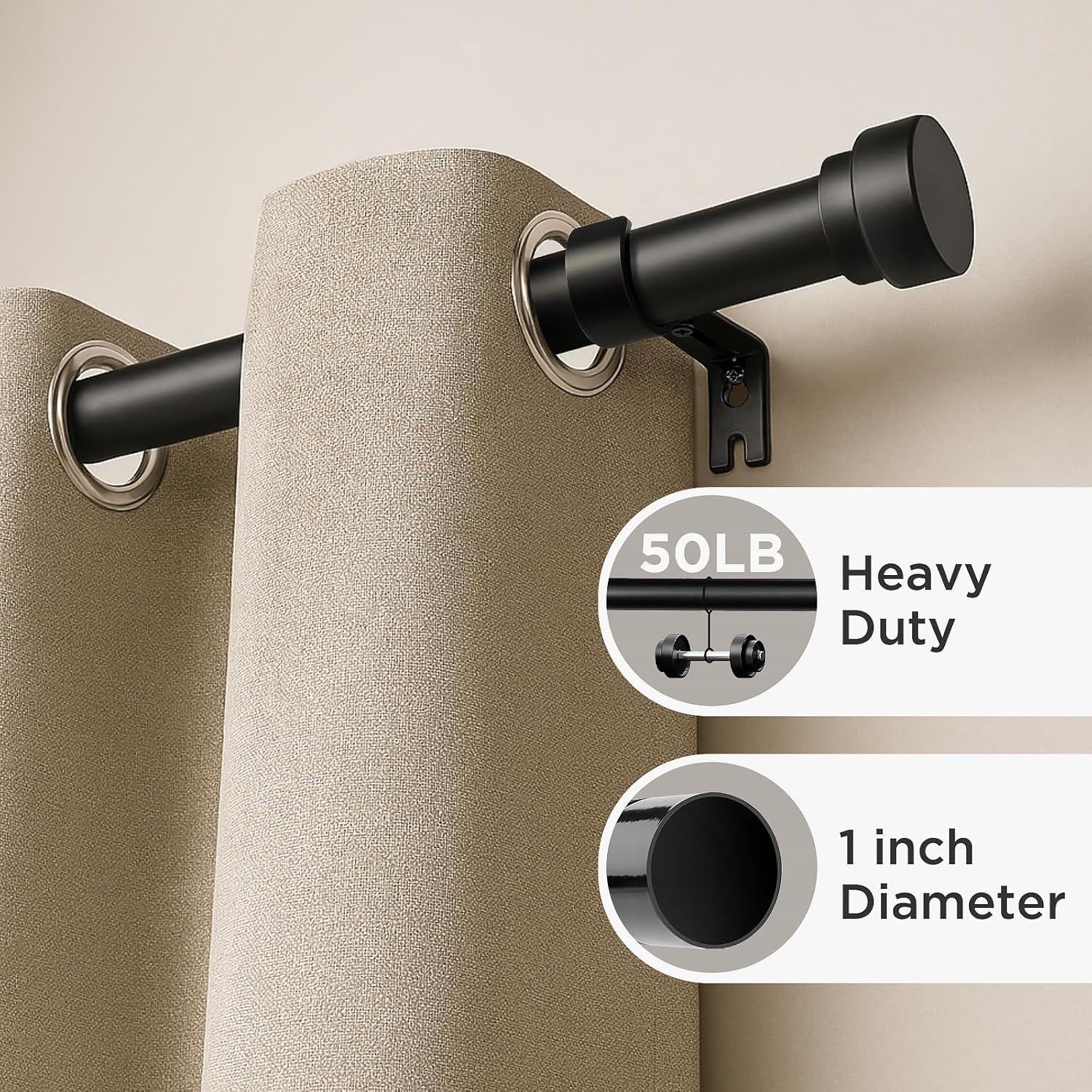 Joydeco Black Curtain Rods for Windows - Adjustable 120 Inch Single Rod Set