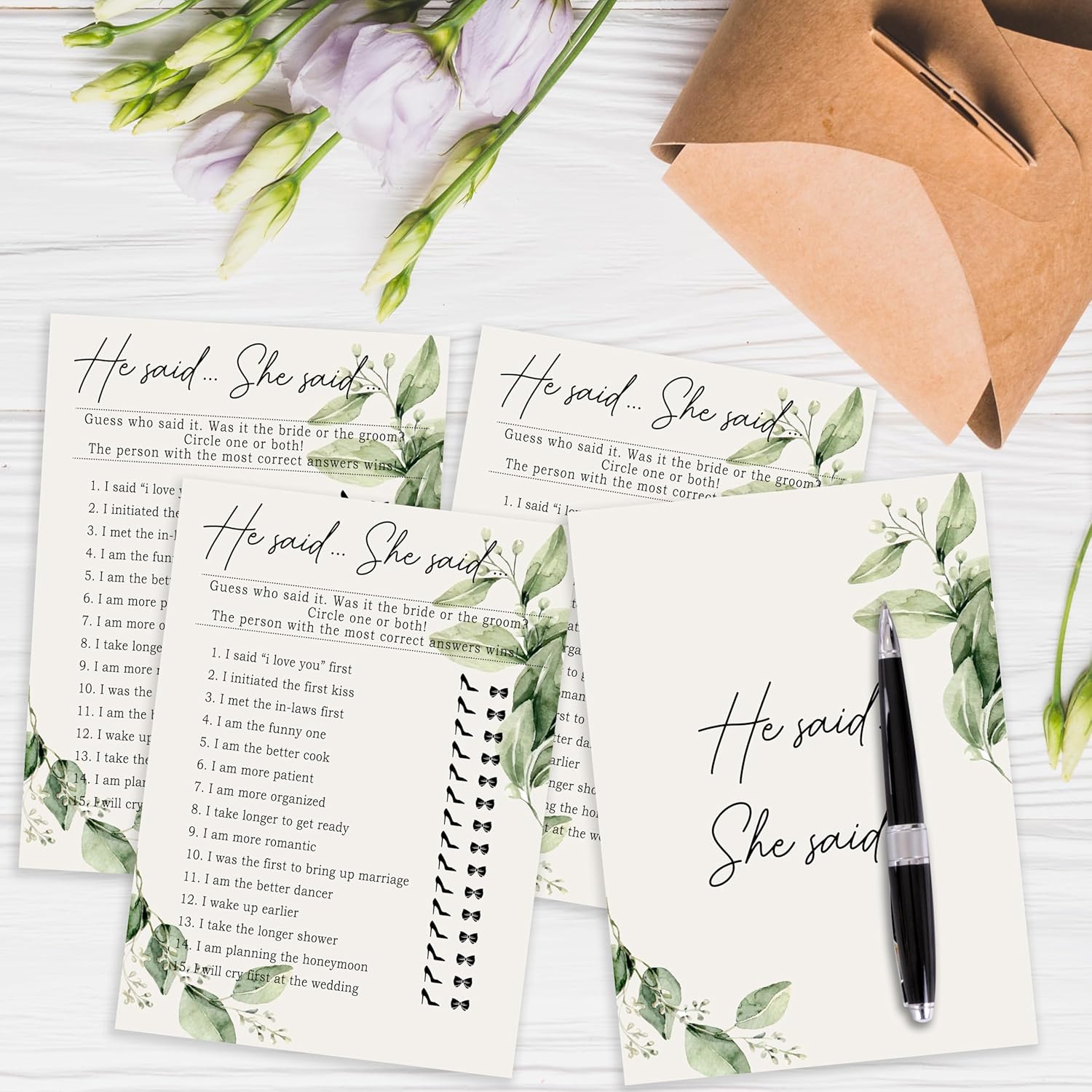 Greenery Bridal Shower Game Cards Set of 25