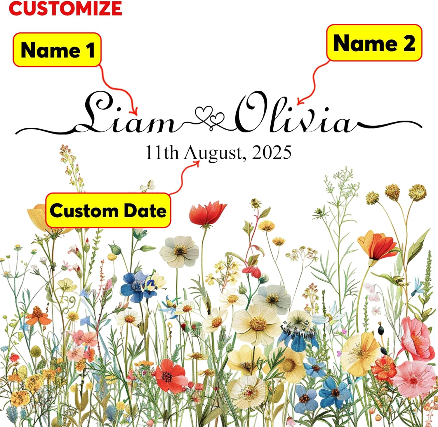 Personalized Floral Wedding Napkins with Name and Date