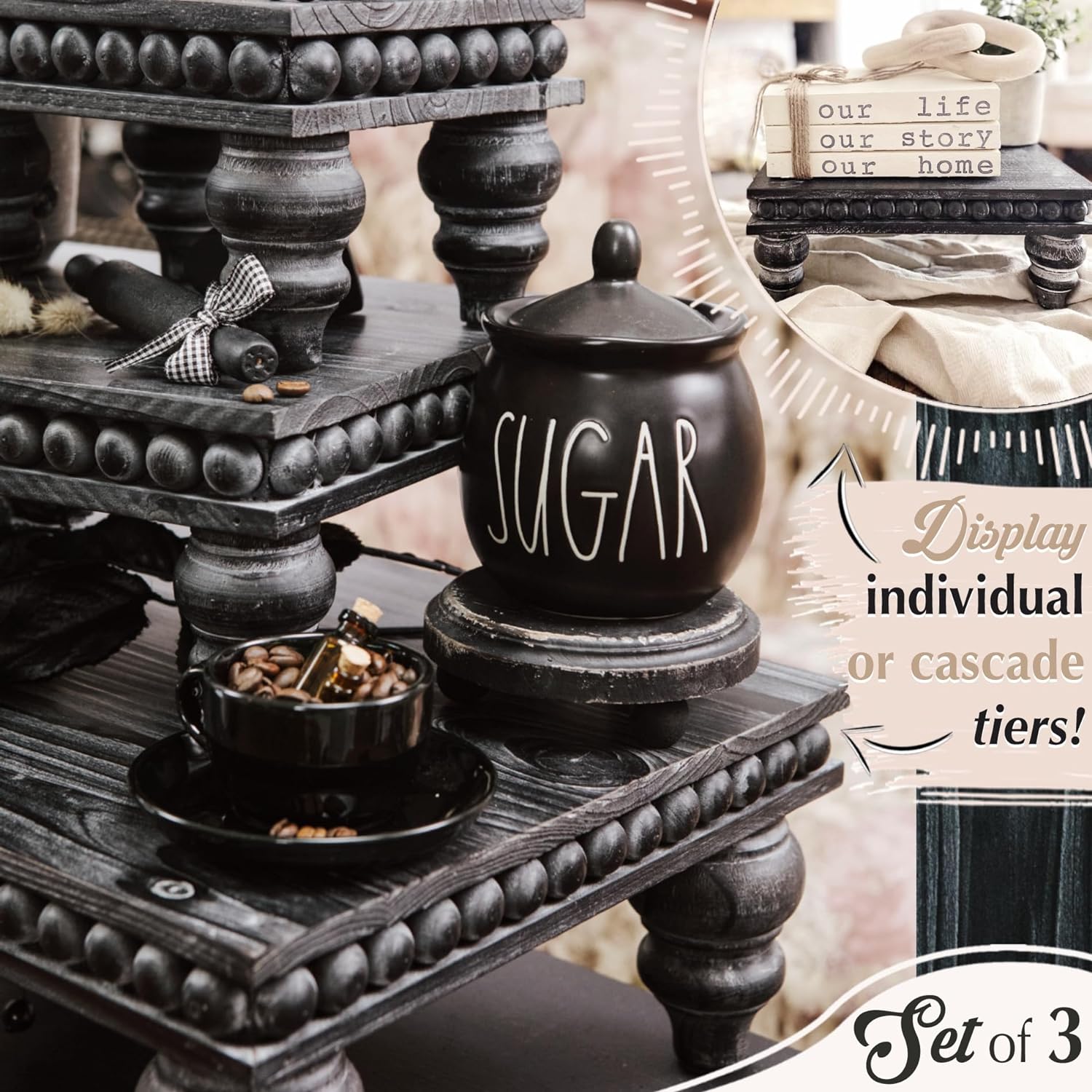 Gothic Black Wooden Tiered Tray Set of 3