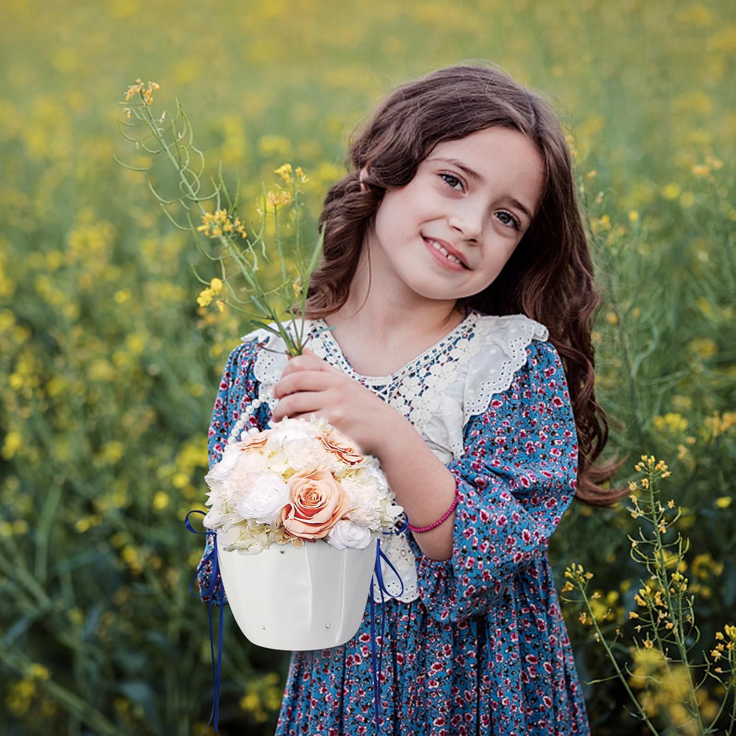 2 Pcs Wedding Flower Girl Baskets with Pearl Handle Bowknot