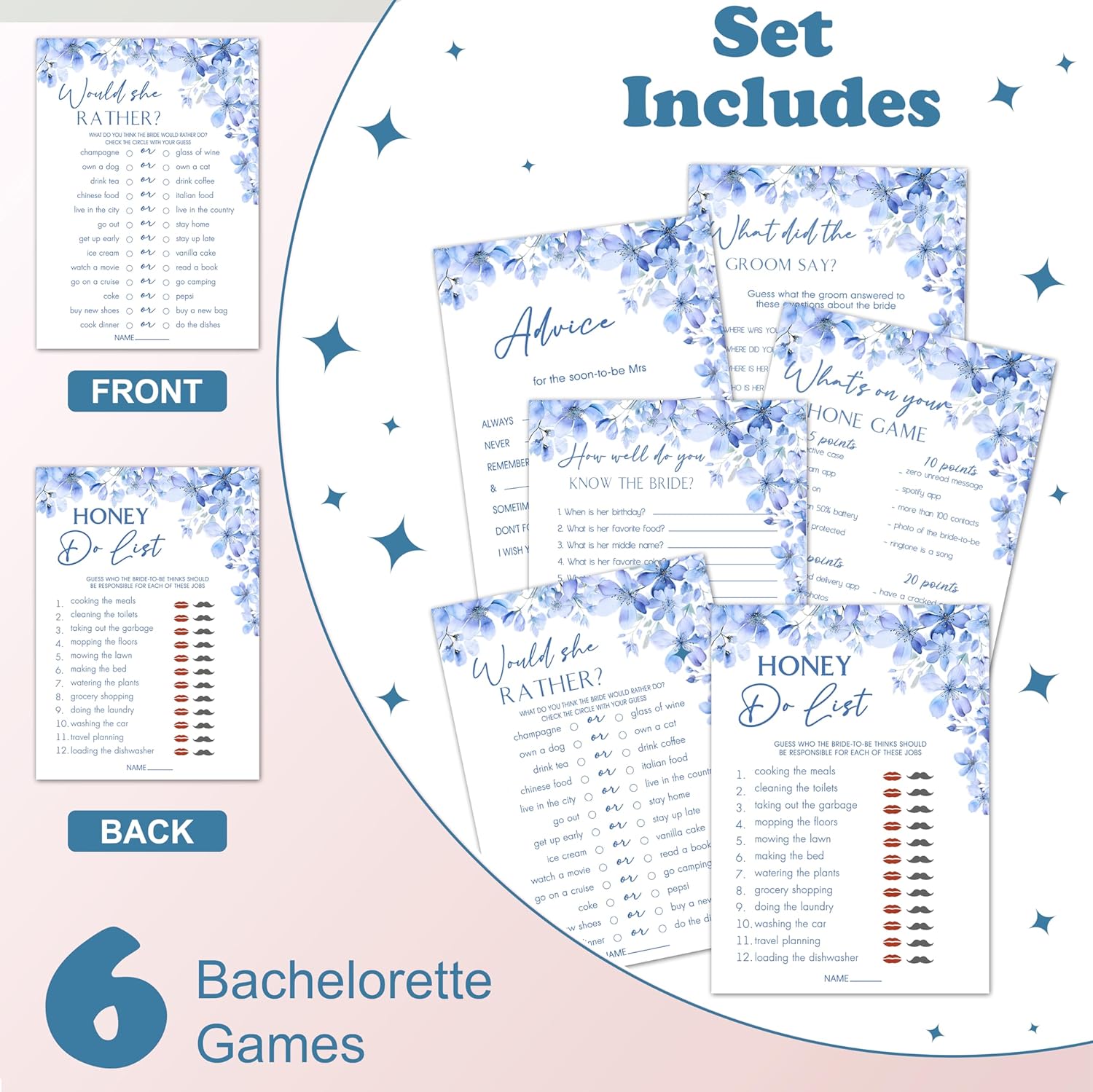 Bridal Shower Games Set of 5 Blue Flowers Theme