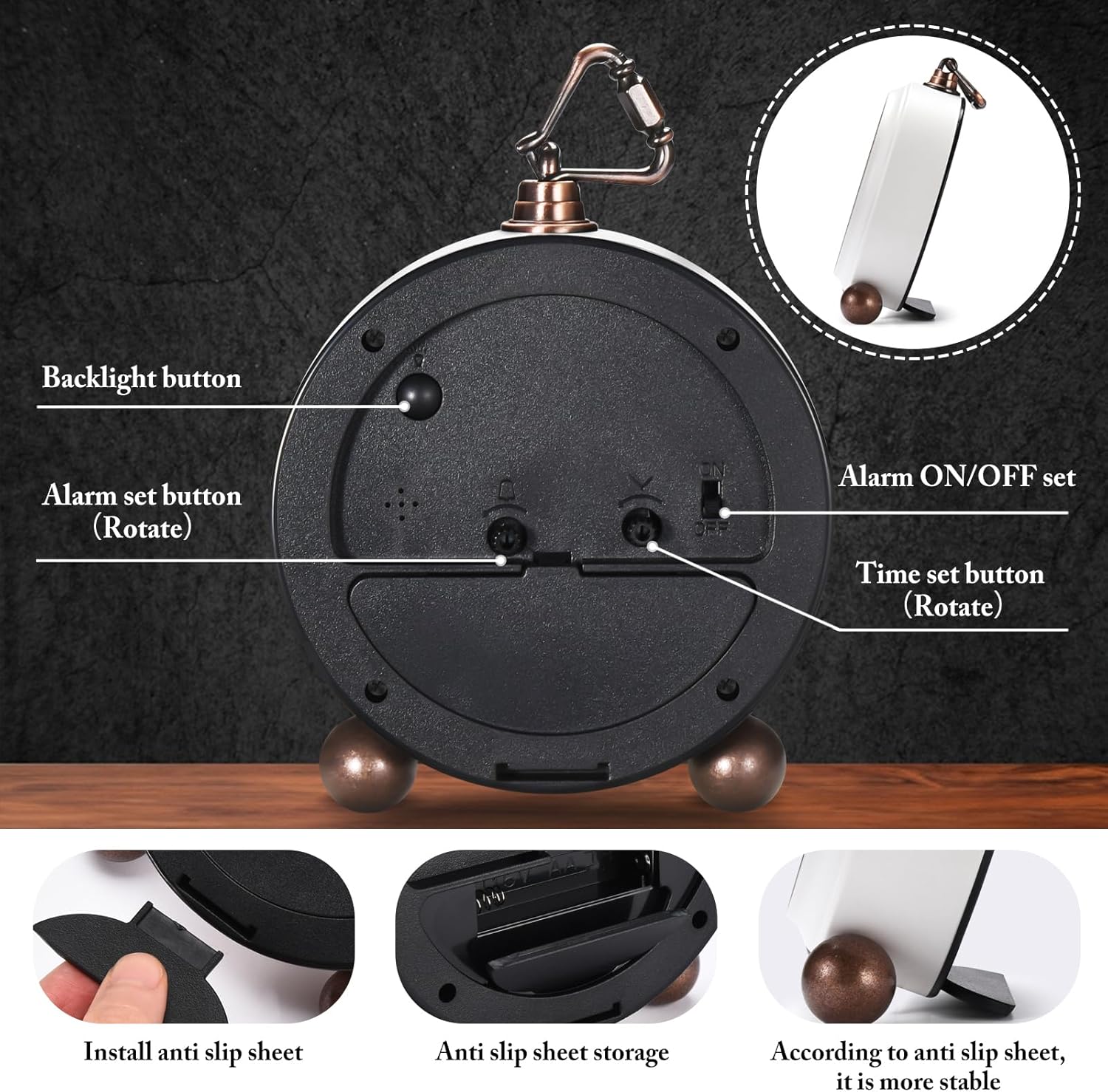 Tetino Analog Alarm Clock with Night Light and Silent Design