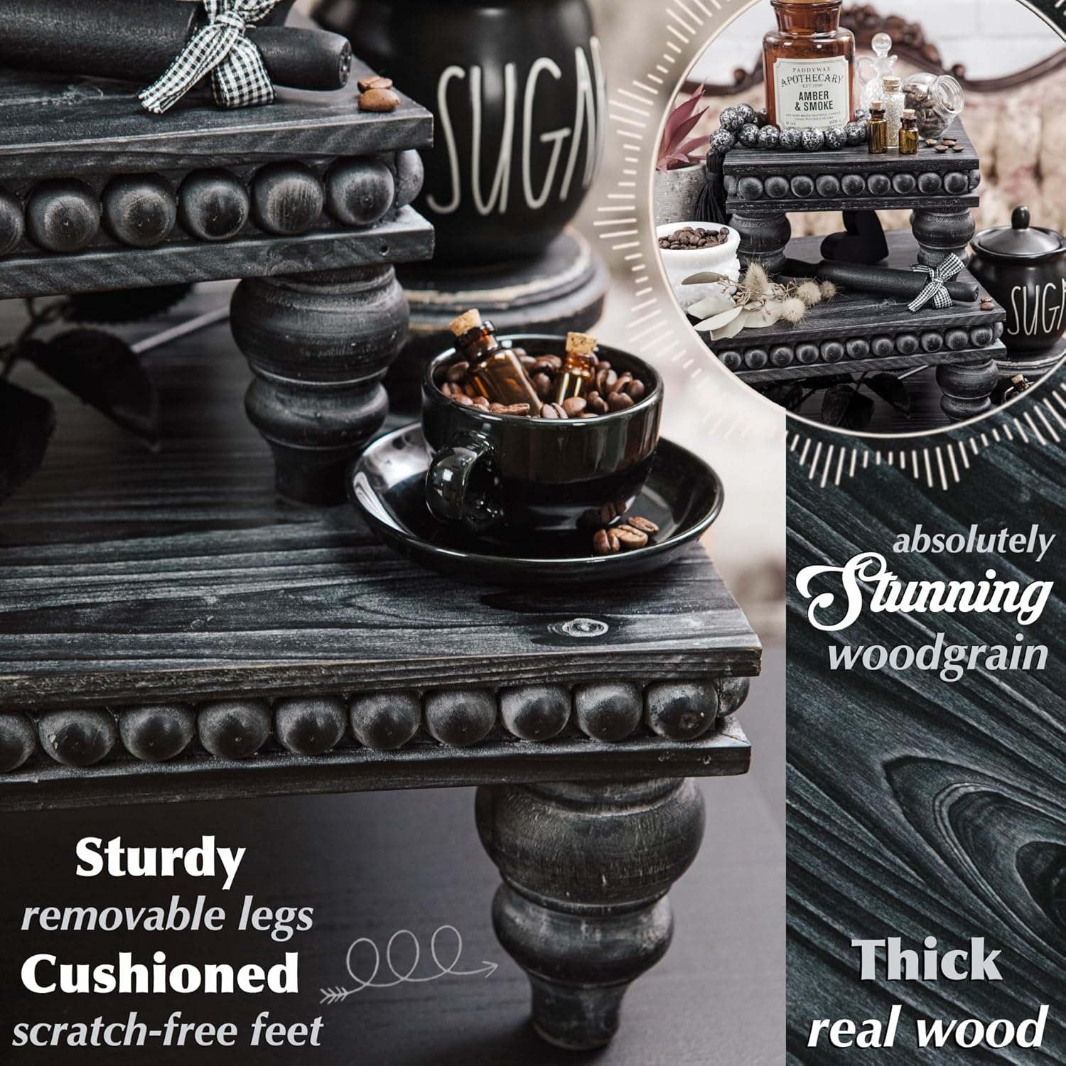 Gothic Black Wooden Tiered Tray Set of 3