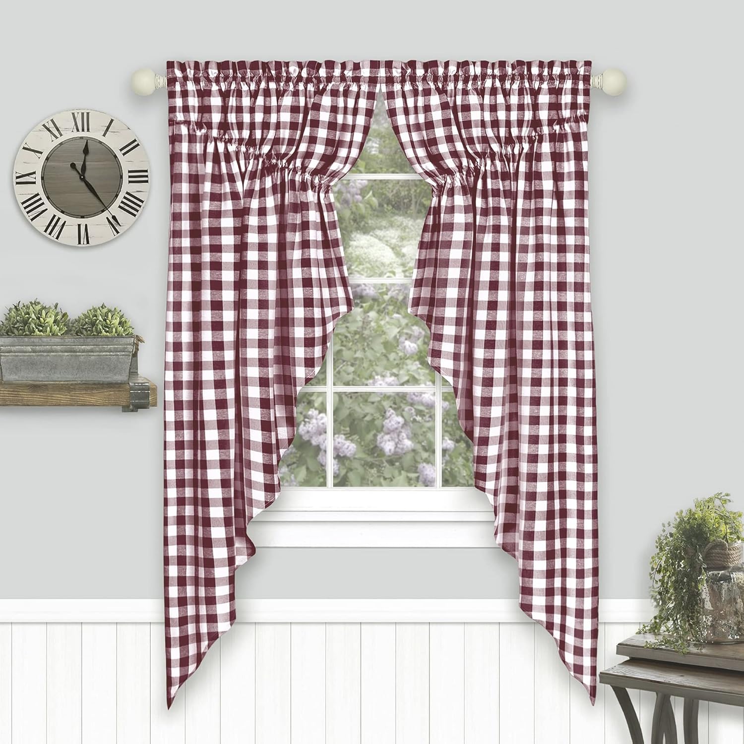 Buffalo Check Gathered Swag Curtains - 72x63 Inch Burgundy Ivory Pair