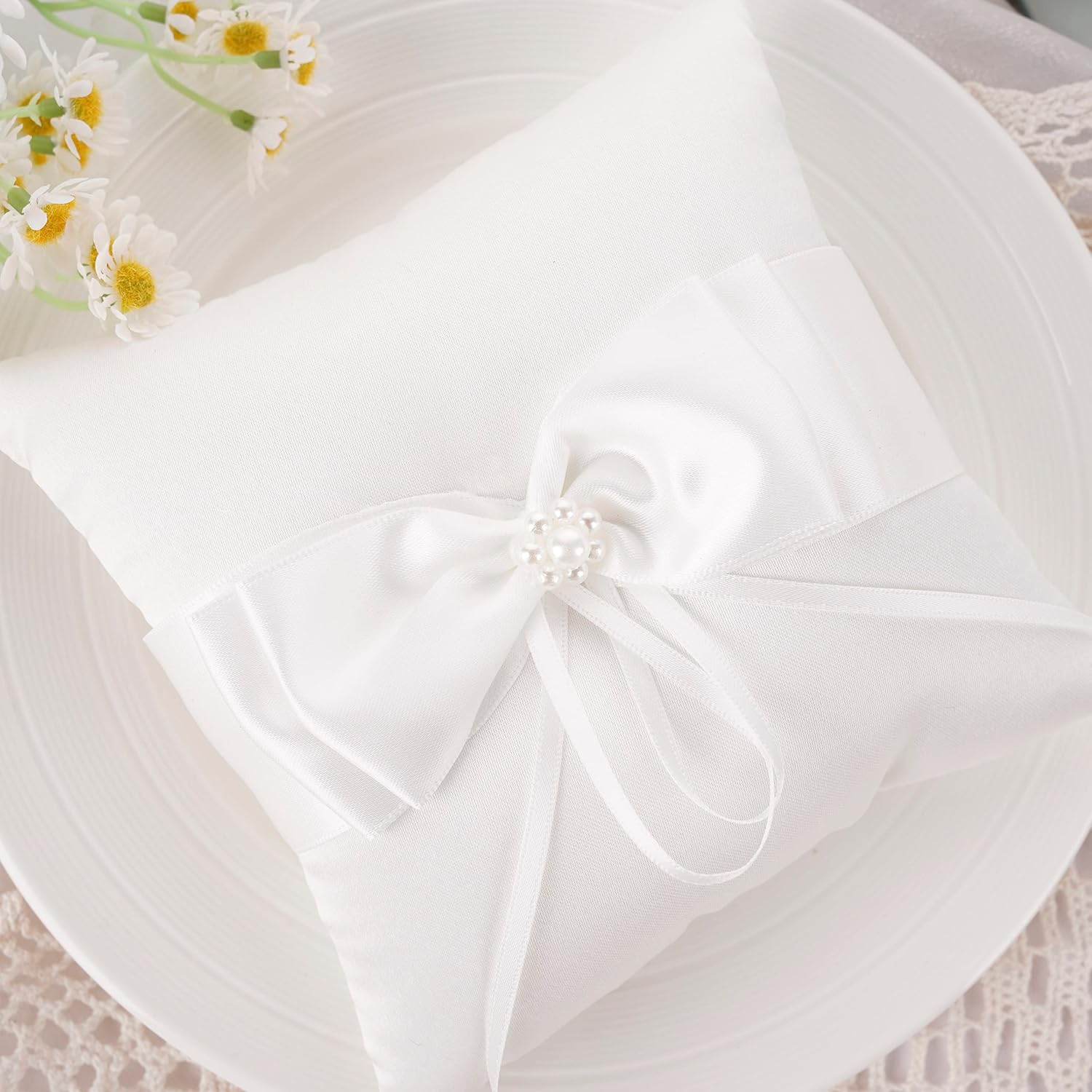 QIRMIZI Wedding Ring Pillow and Flower Girl Basket Set - Butterfly Knot White Satin