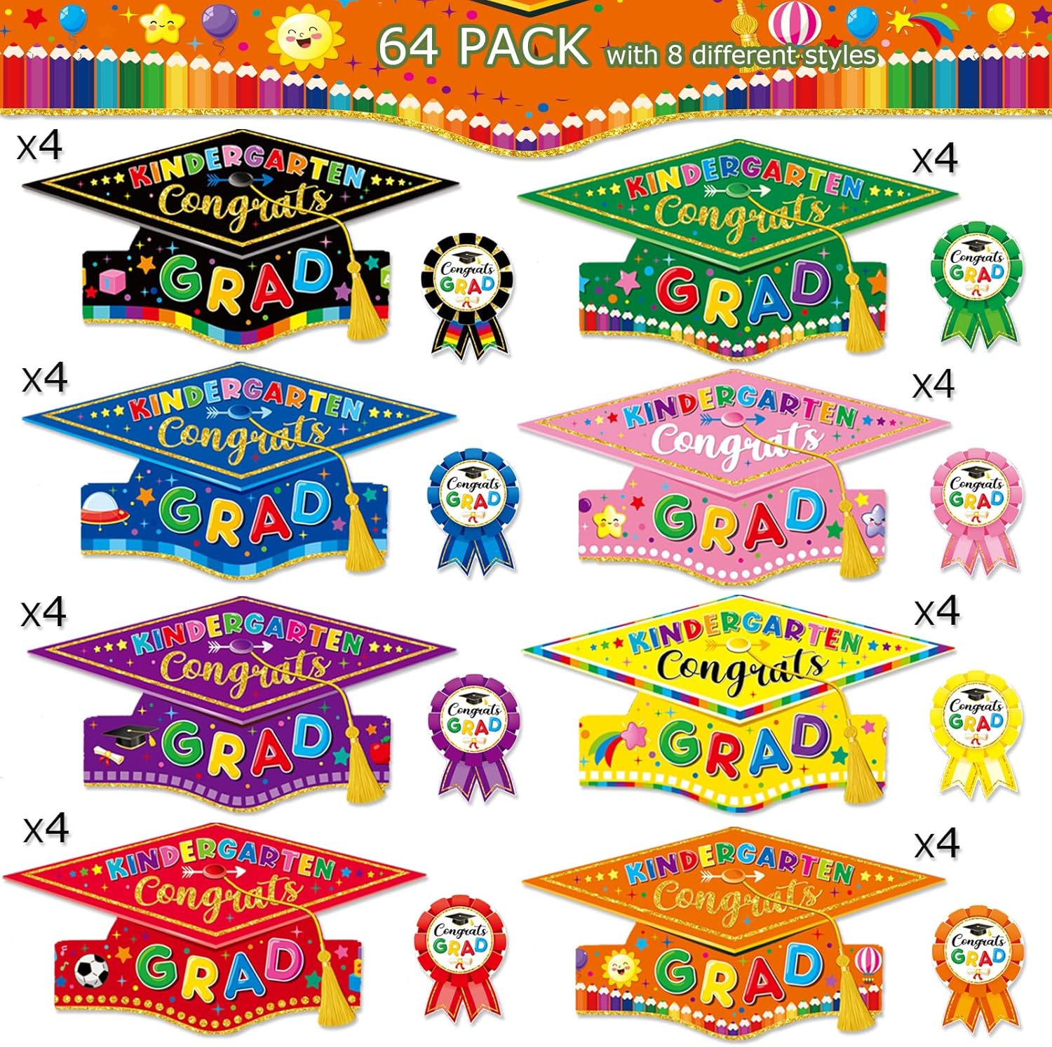 64 Pieces Preschool Graduation Caps with Reward Badges