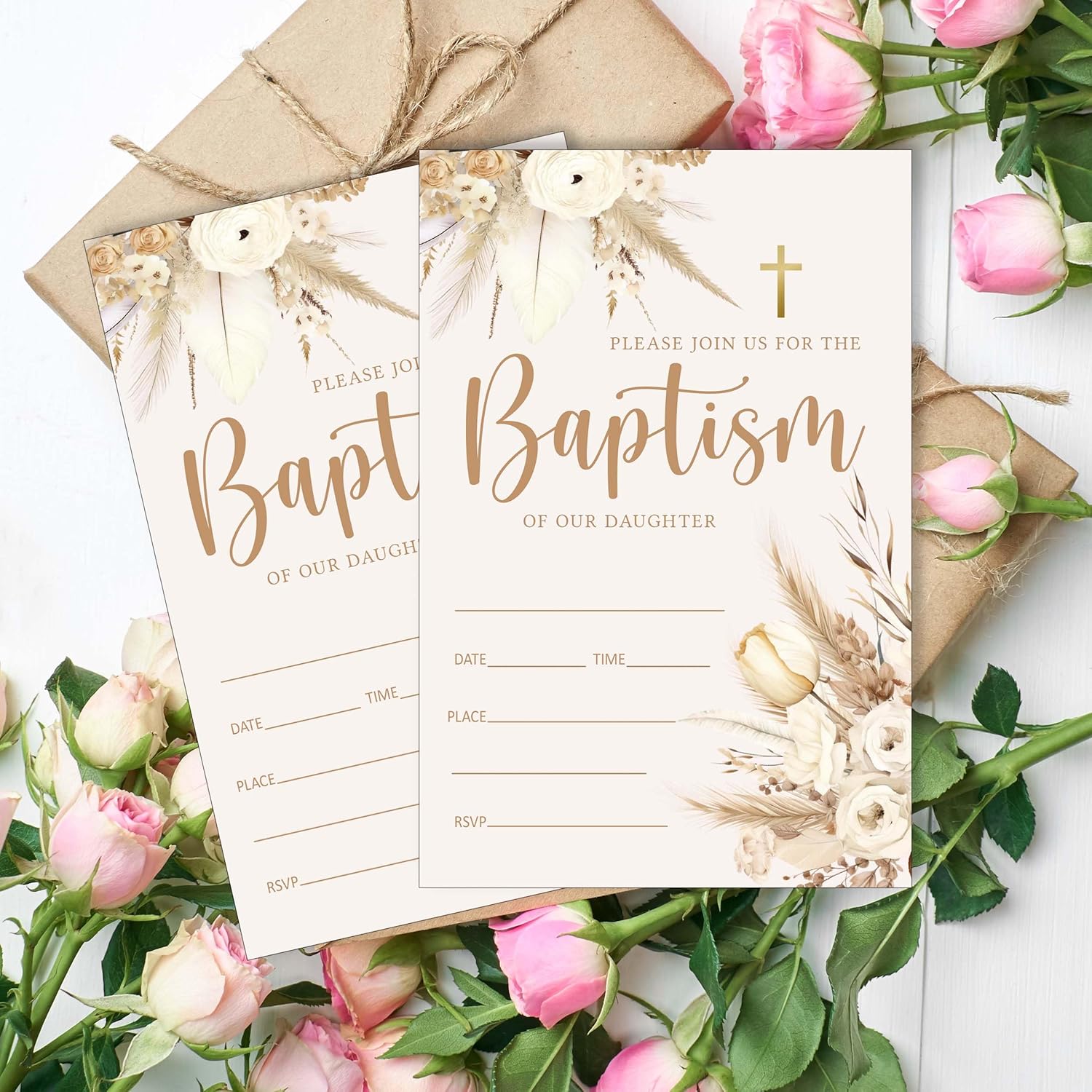 25 Pack Floral Baptism Invitations with Envelopes