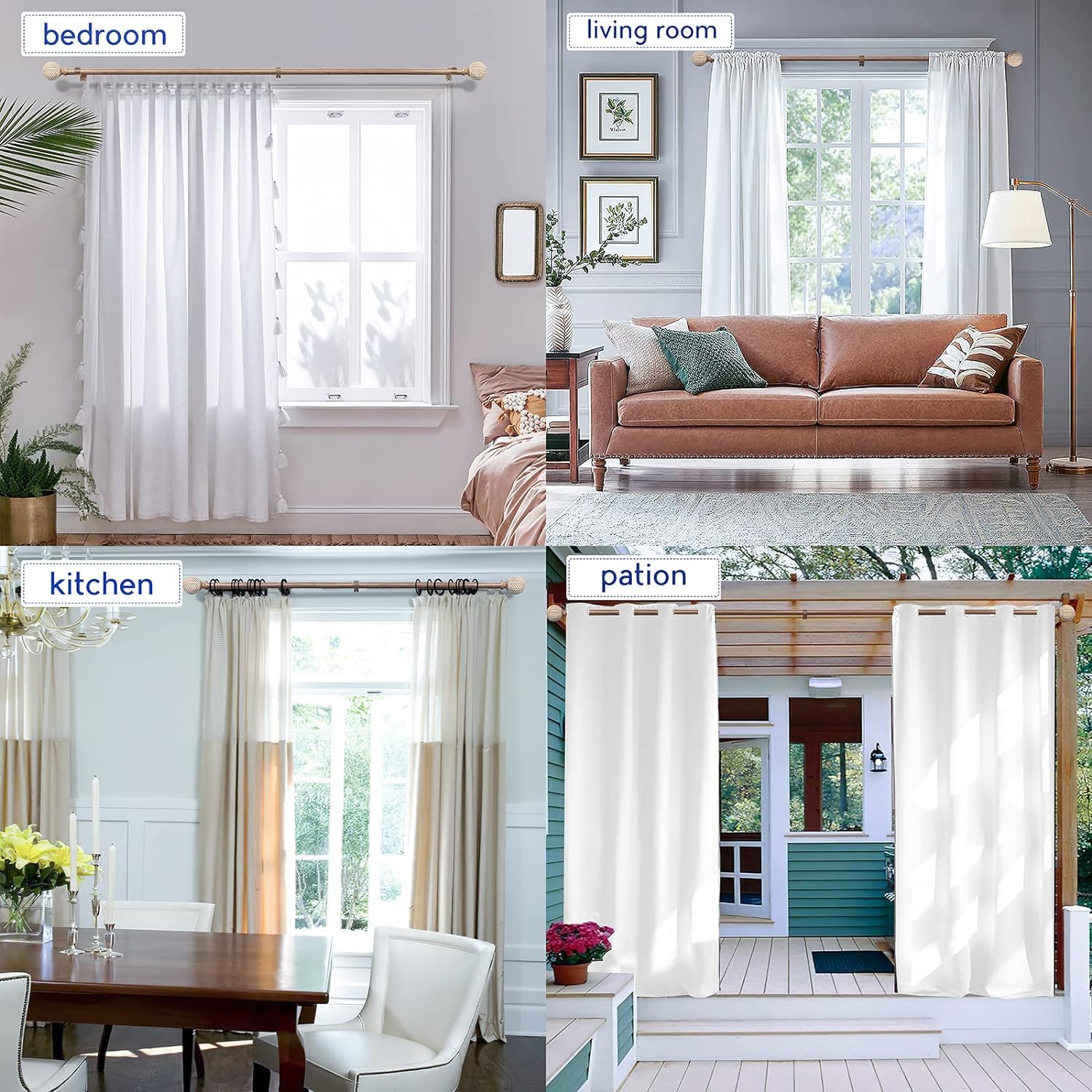 Adjustable Wood Curtain Rods 48-86 Inches Single Rod with Leaf Finials