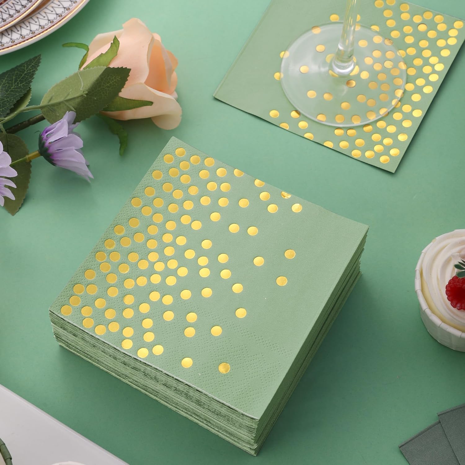 100 Pcs Sage Green Napkins - 3 Ply Gold Dot Disposable Party Napkins