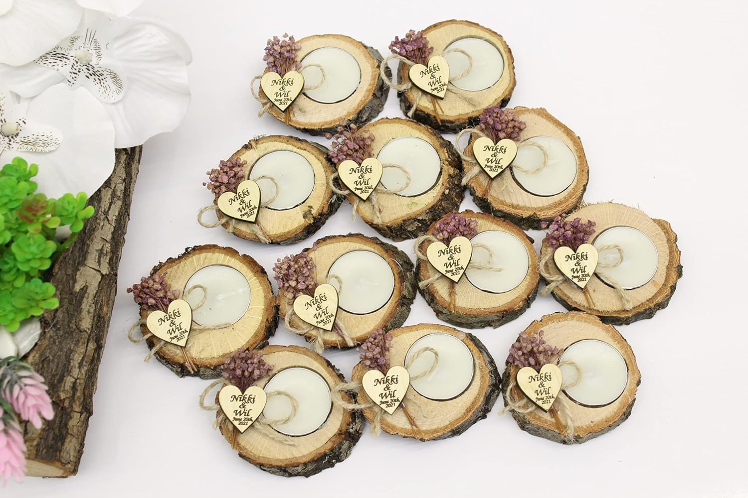 50 Pcs Personalized Log Candle Holders Wedding Favors
