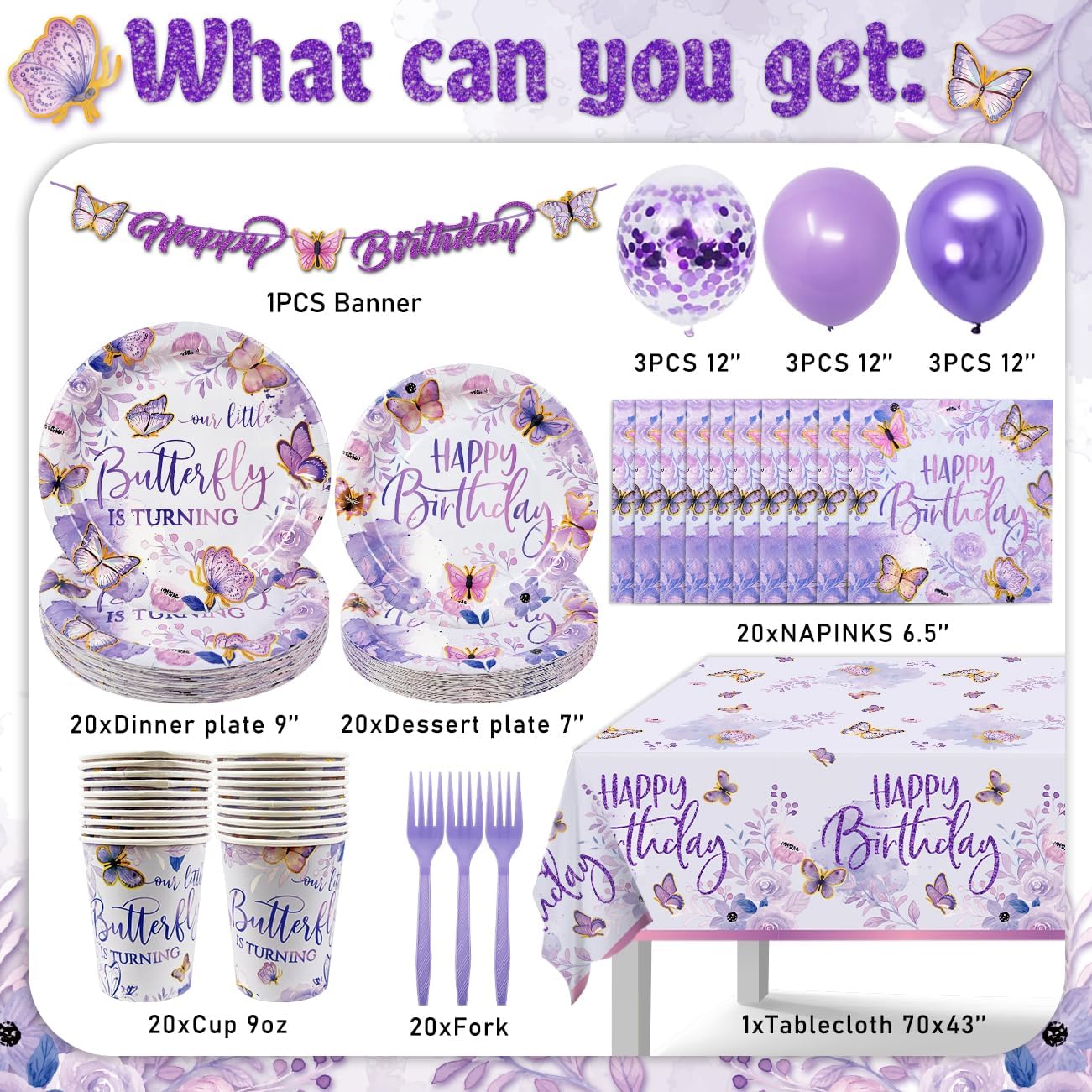 Purple Butterfly Birthday Decorations Set 112Pcs for 20 Guests