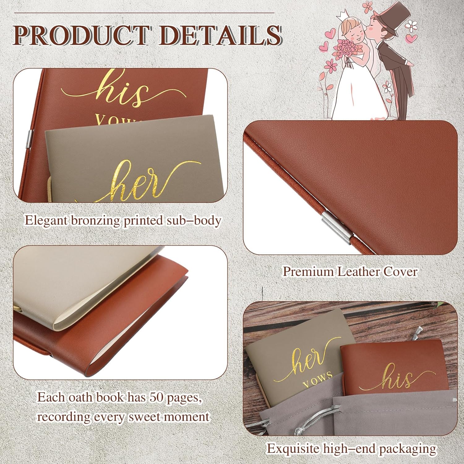 2 Pcs His Hers Wedding Vow Books 50 Pages Each Copper Brown Almond