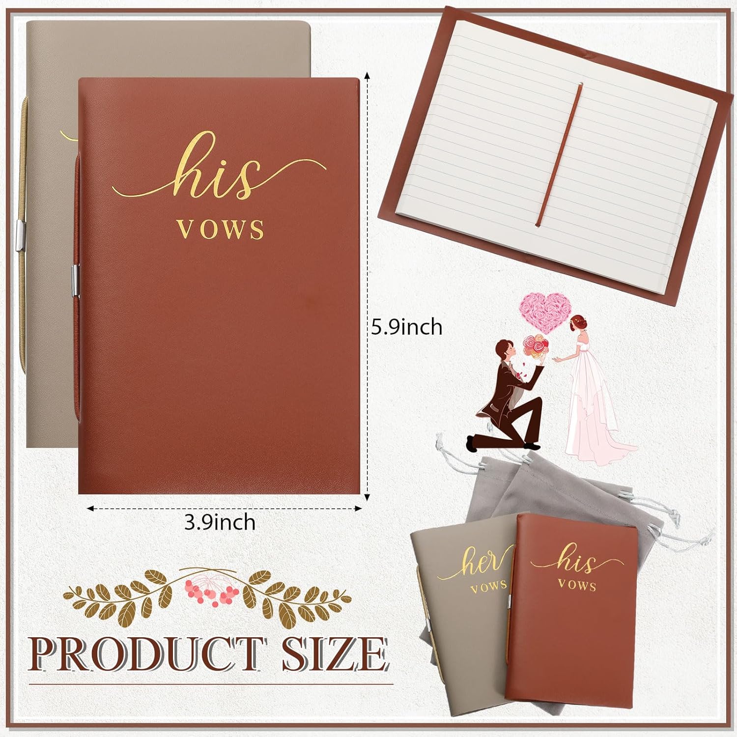 2 Pcs His Hers Wedding Vow Books 50 Pages Each Copper Brown Almond