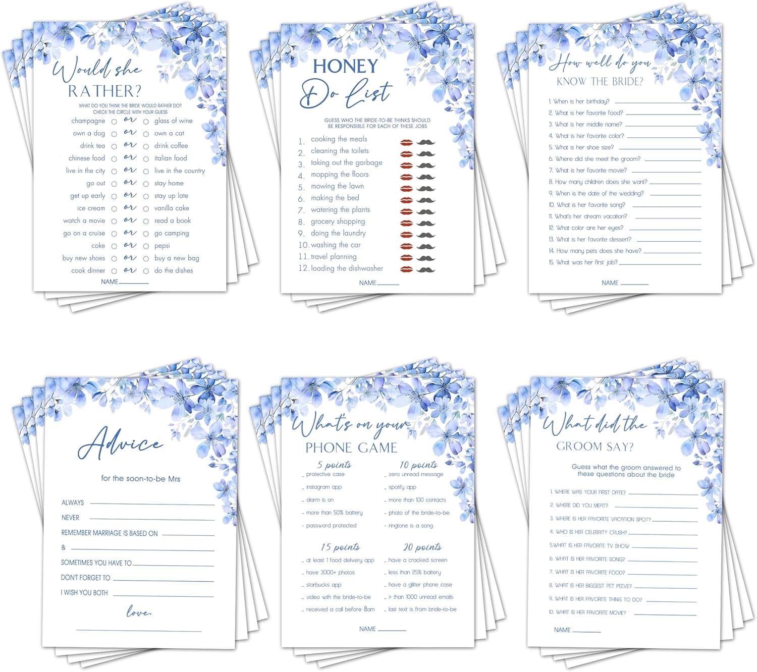Bridal Shower Games Set of 5 Blue Flowers Theme