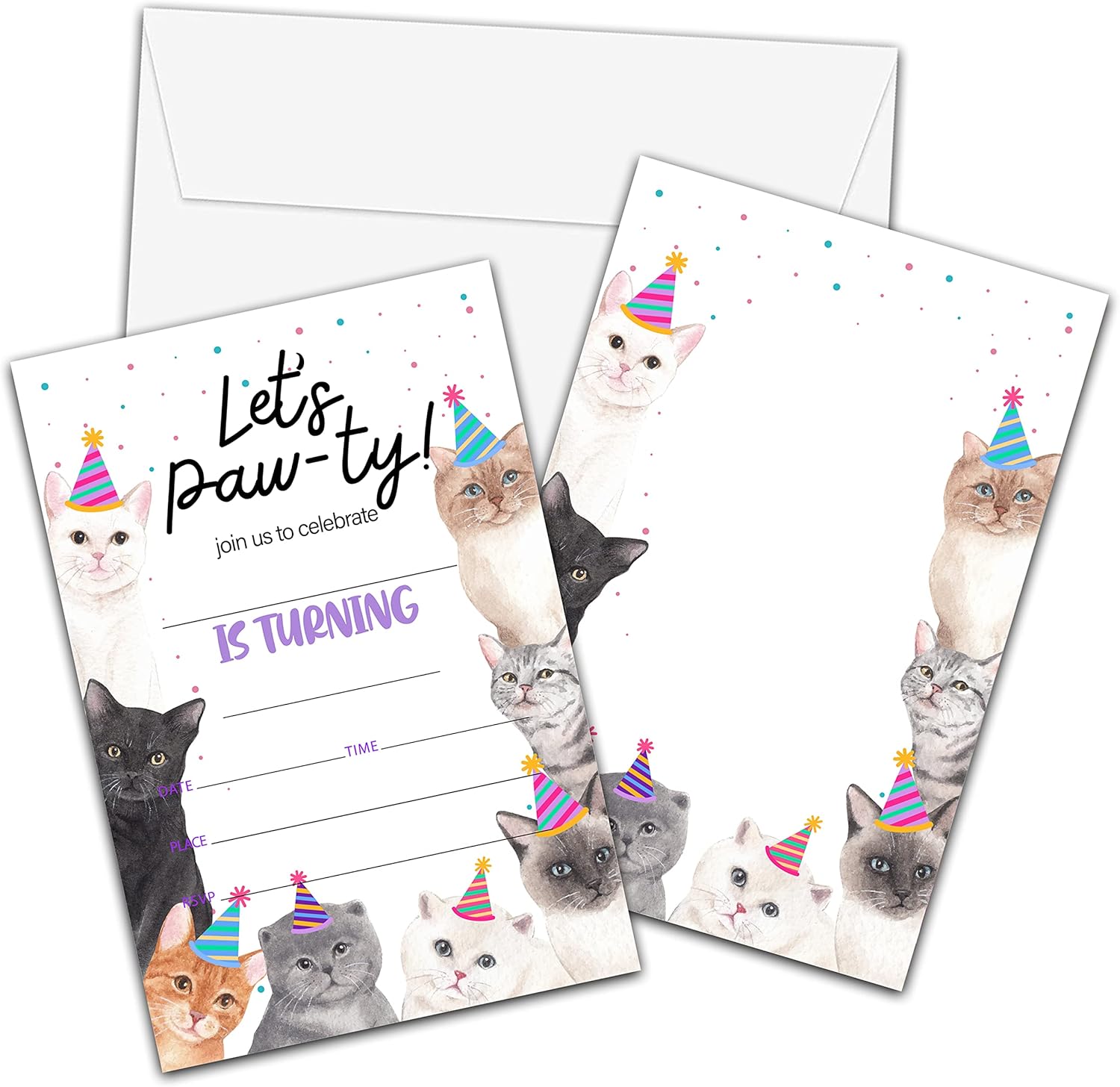 Cat Birthday Invitations with Envelopes 20 Pack