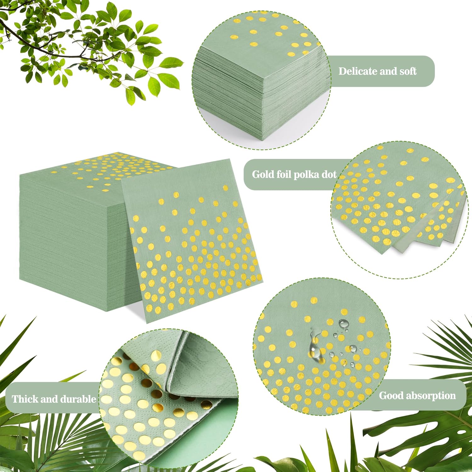 100 Pcs Sage Green Napkins - 3 Ply Gold Dot Disposable Party Napkins