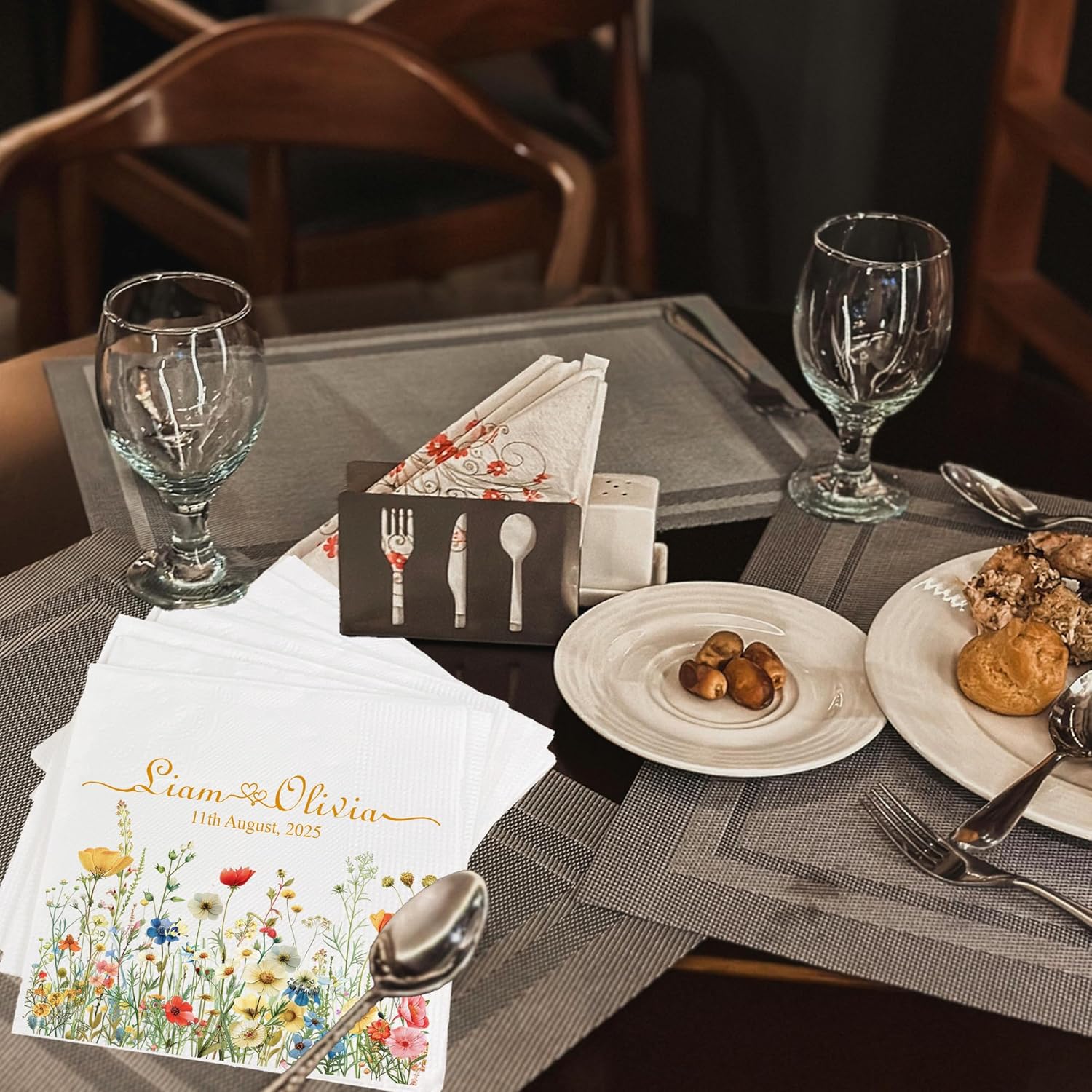 Personalized Floral Wedding Napkins with Name and Date