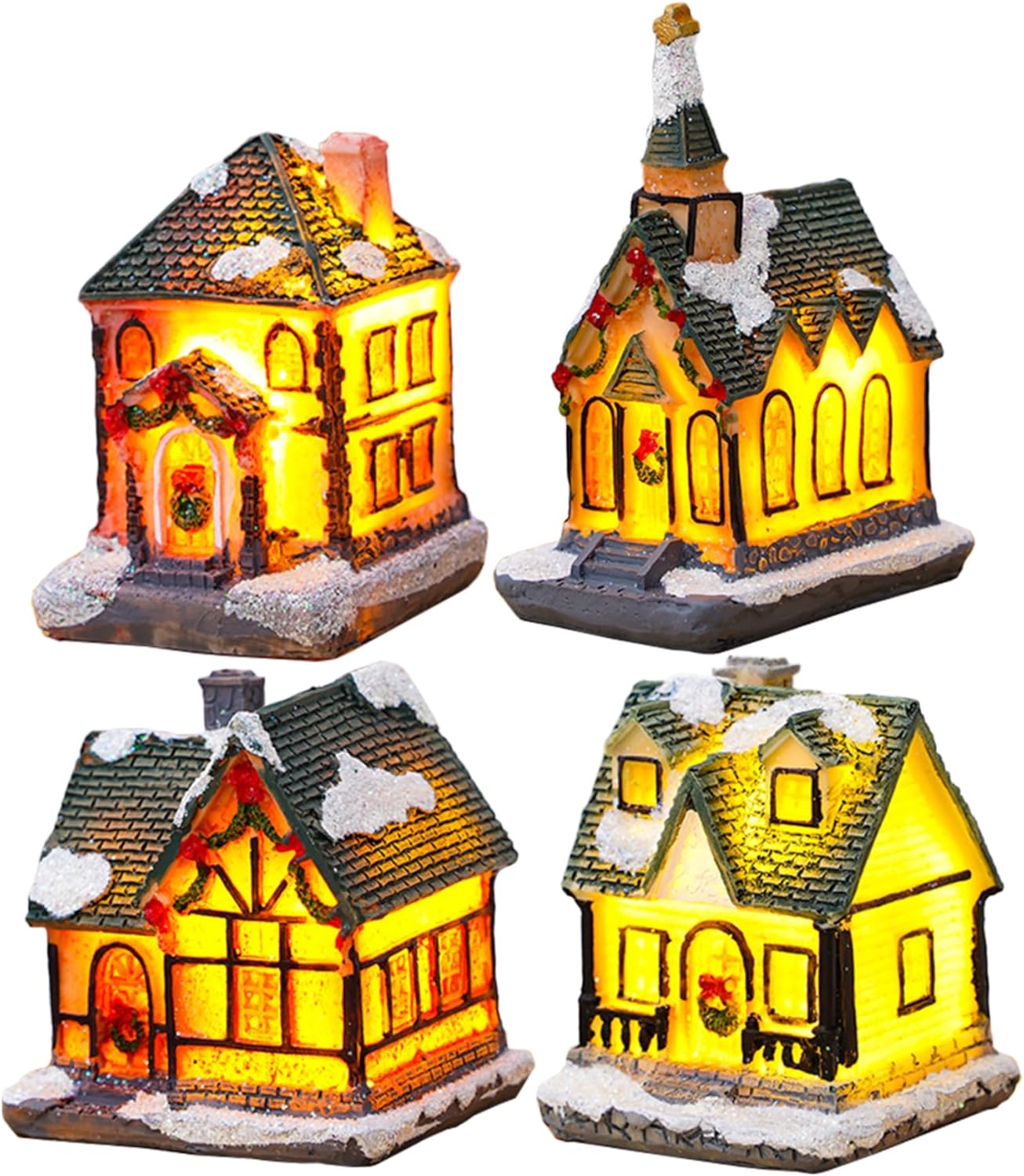 4Pcs Christmas Village Houses Light Up Resin Miniature Decor