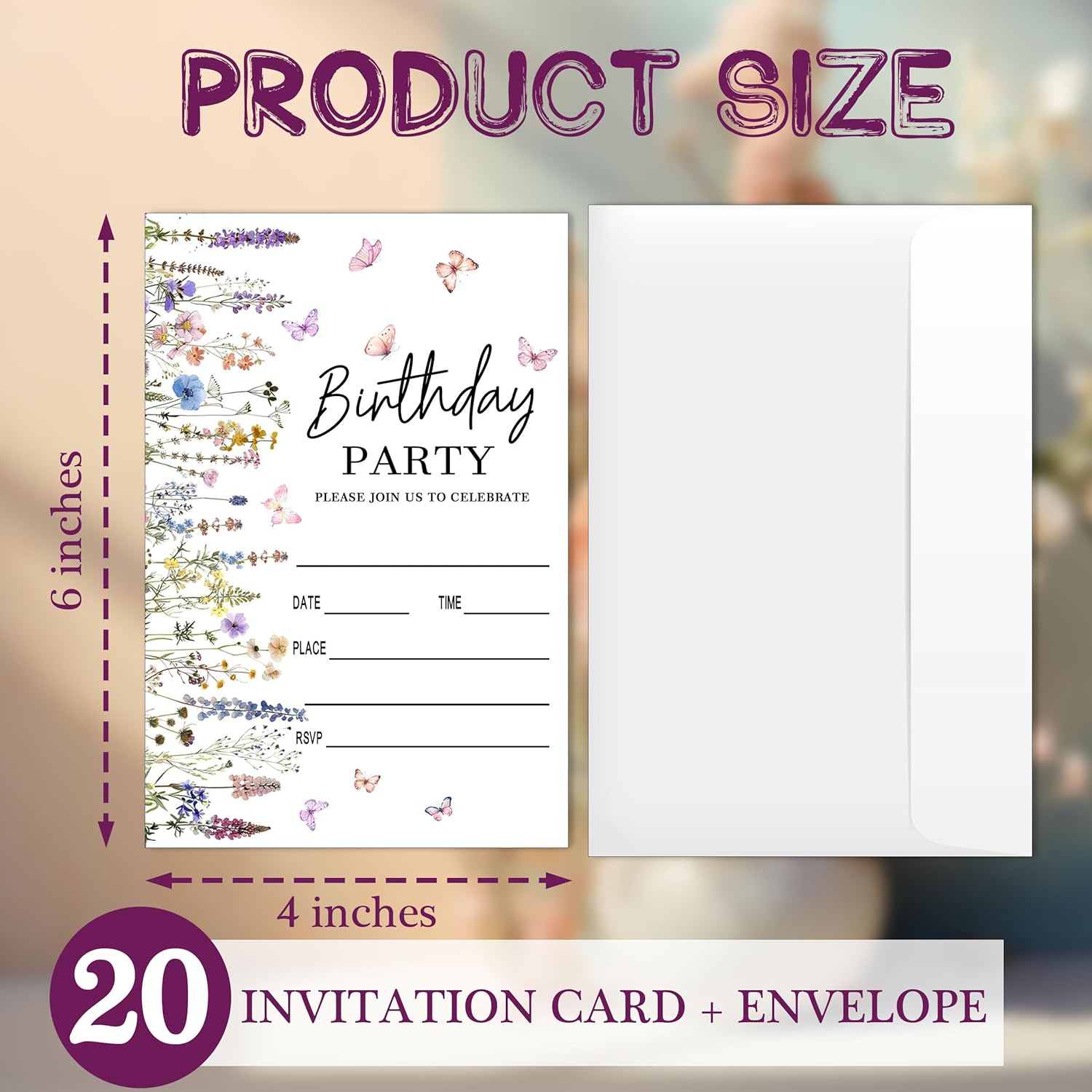 Floral Birthday Invitations 20 Pack with Envelopes
