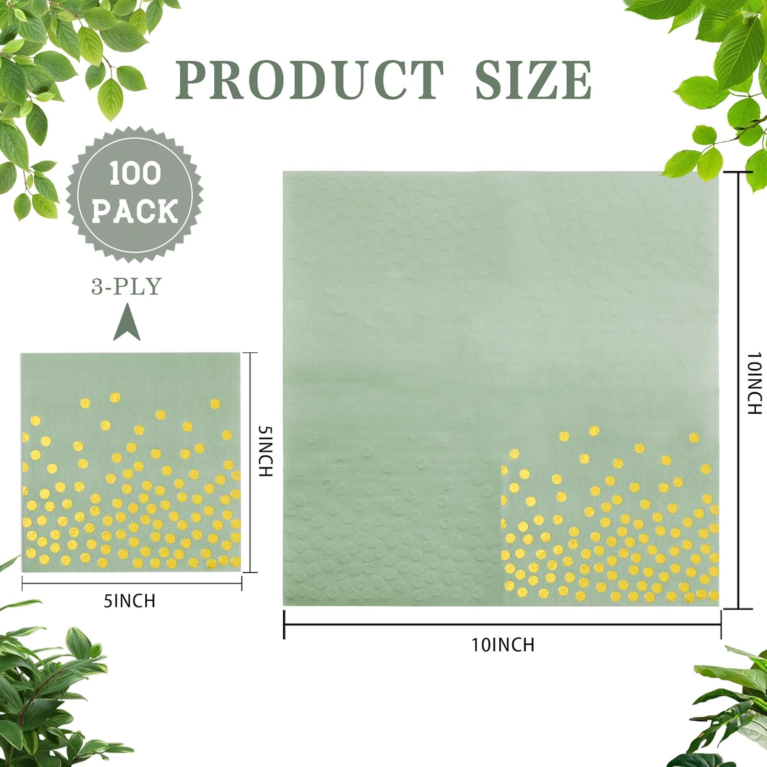 100 Pcs Sage Green Napkins - 3 Ply Gold Dot Disposable Party Napkins