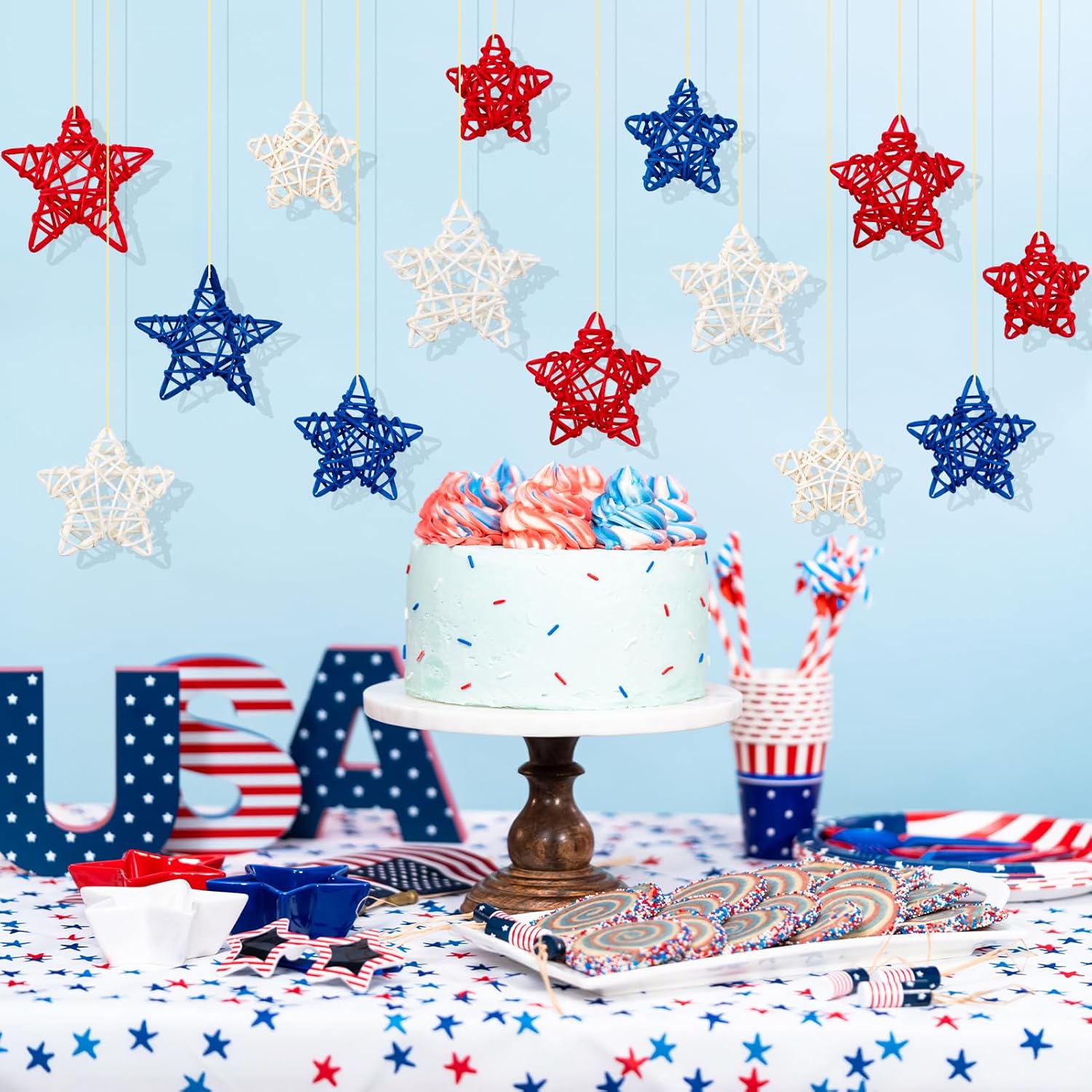 18pcs Patriotic Rattan Star Decorations Red Blue White