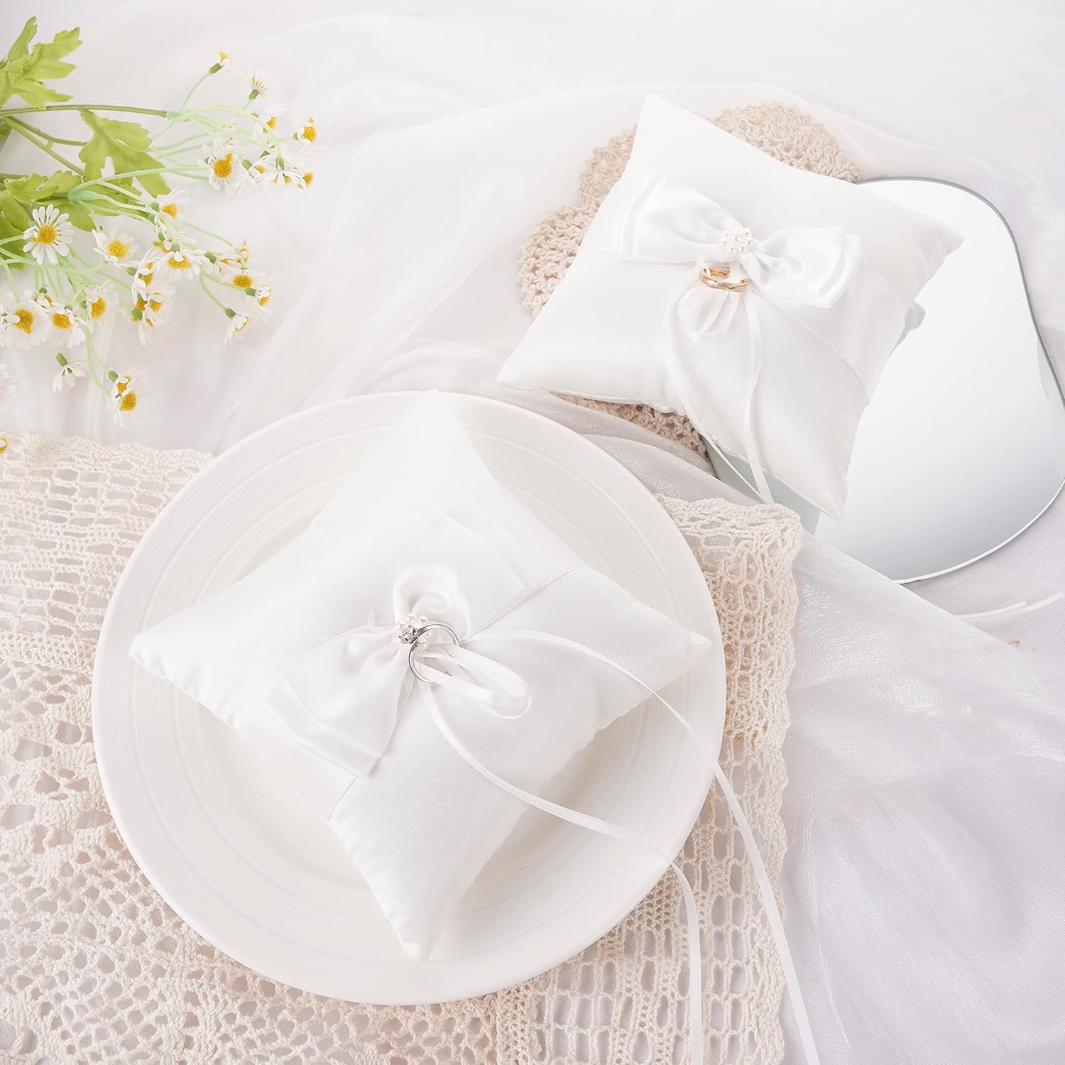 QIRMIZI Wedding Ring Pillow and Flower Girl Basket Set - Butterfly Knot White Satin