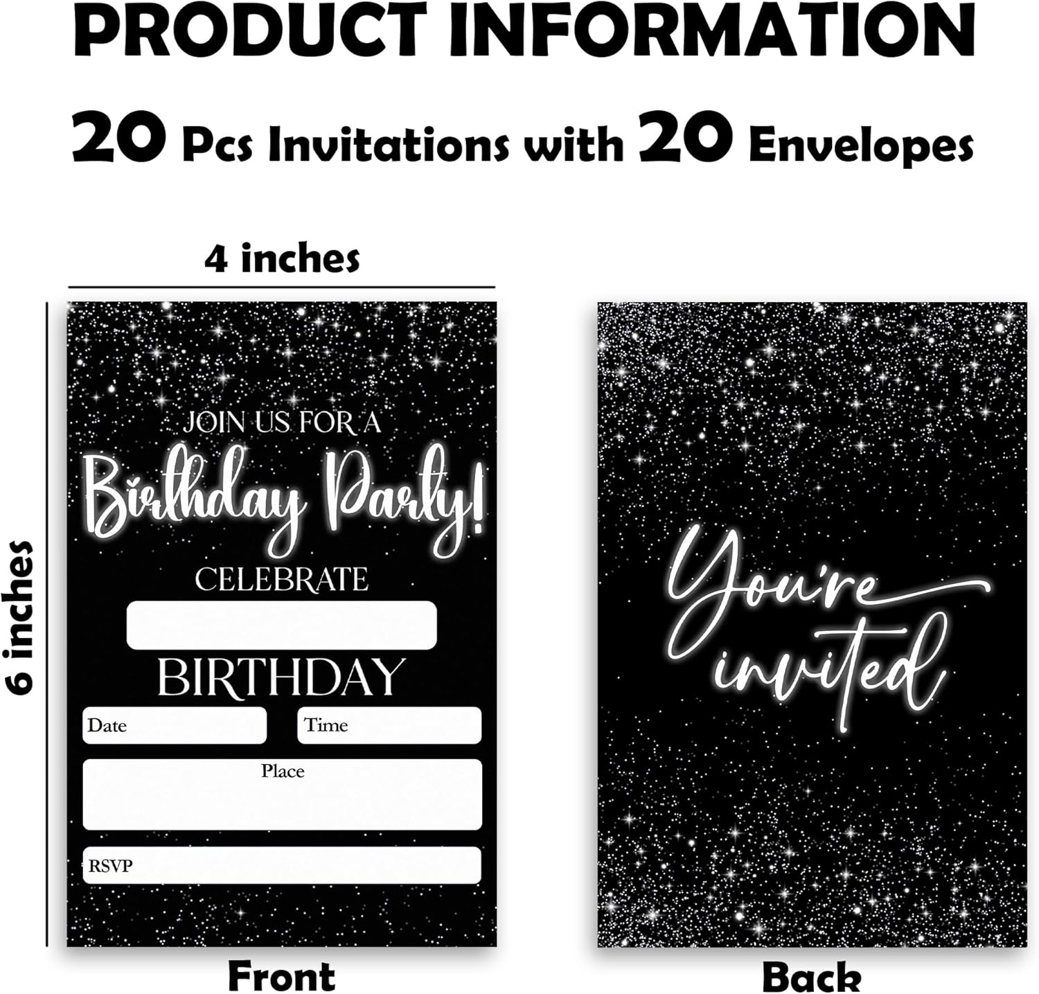 Black Minimalism Birthday Invitations 20pcs with Envelopes