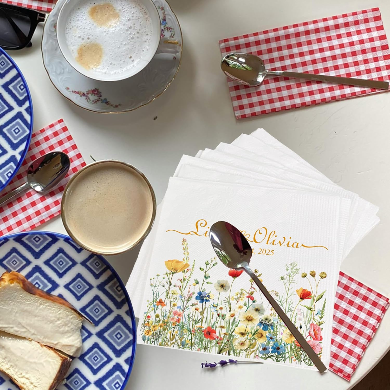 Personalized Floral Wedding Napkins with Name and Date