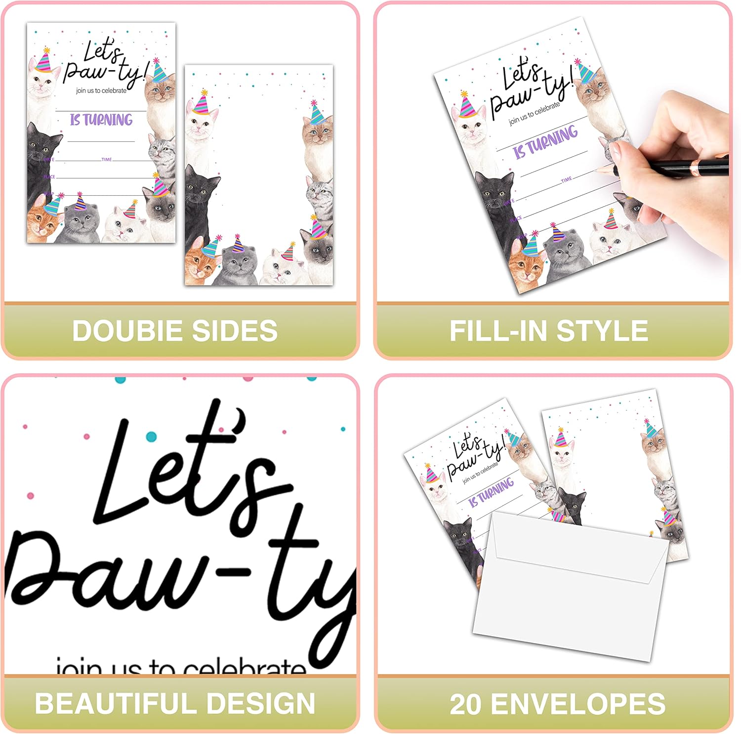 Cat Birthday Invitations with Envelopes 20 Pack