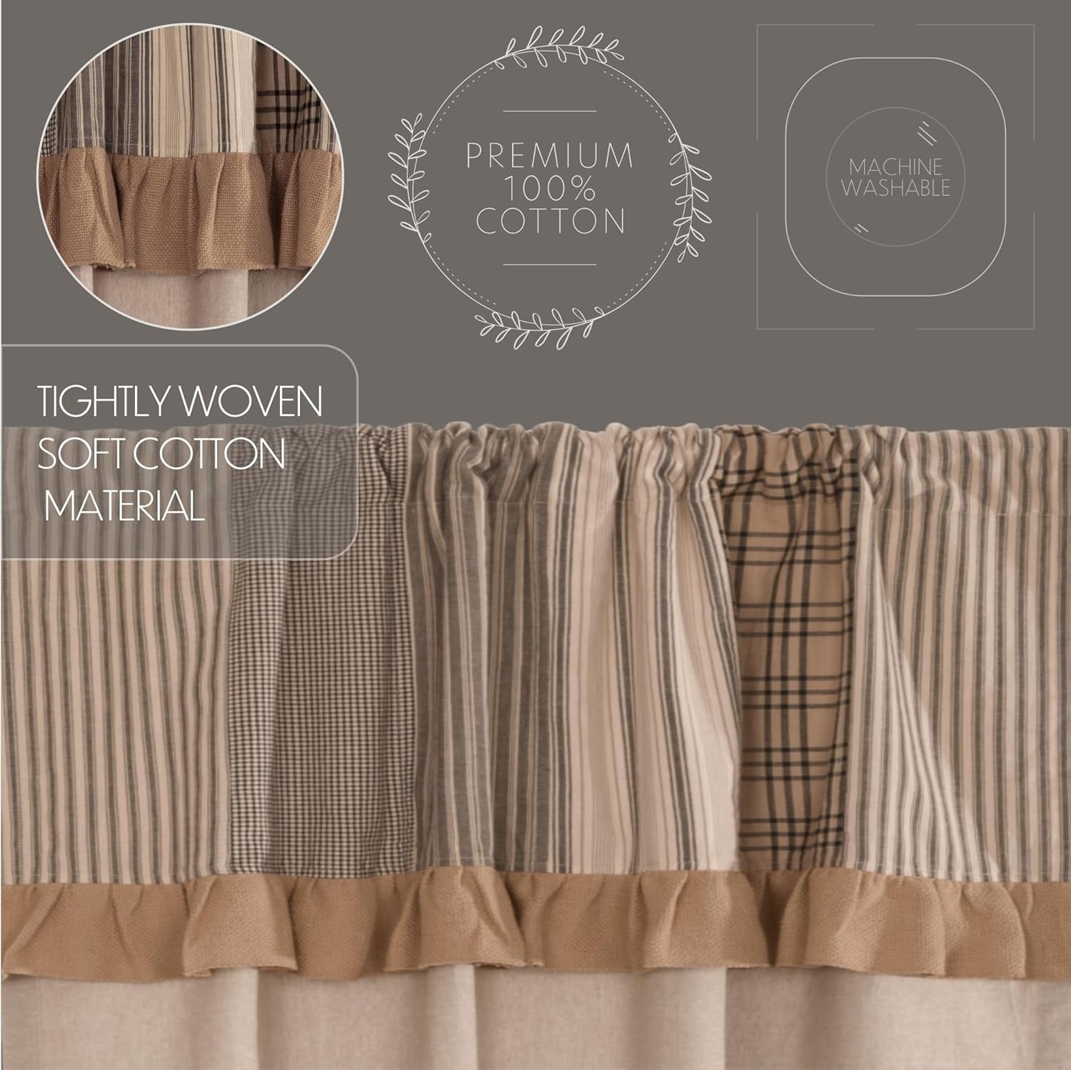 VHC Brands Sawyer Mill Curtain Panel 63x36 Charcoal Khaki Tan