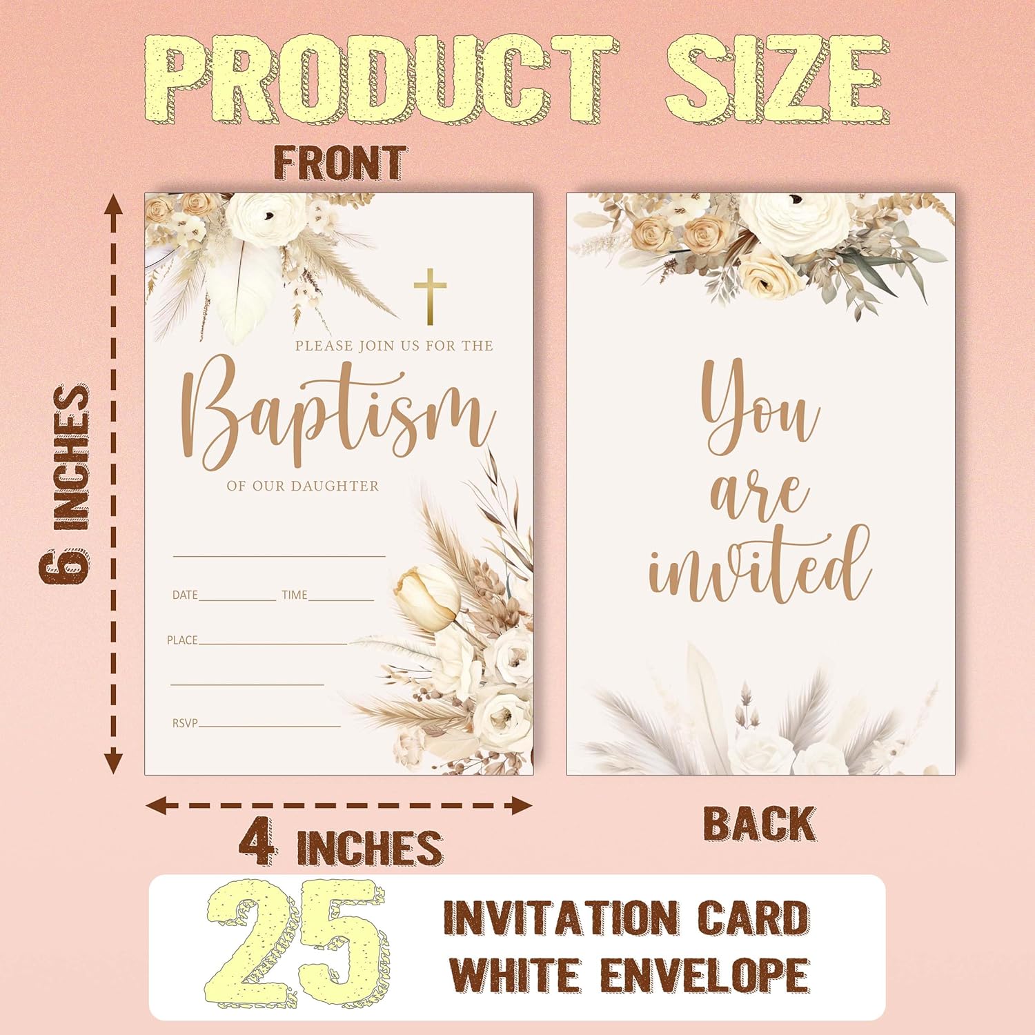 25 Pack Floral Baptism Invitations with Envelopes