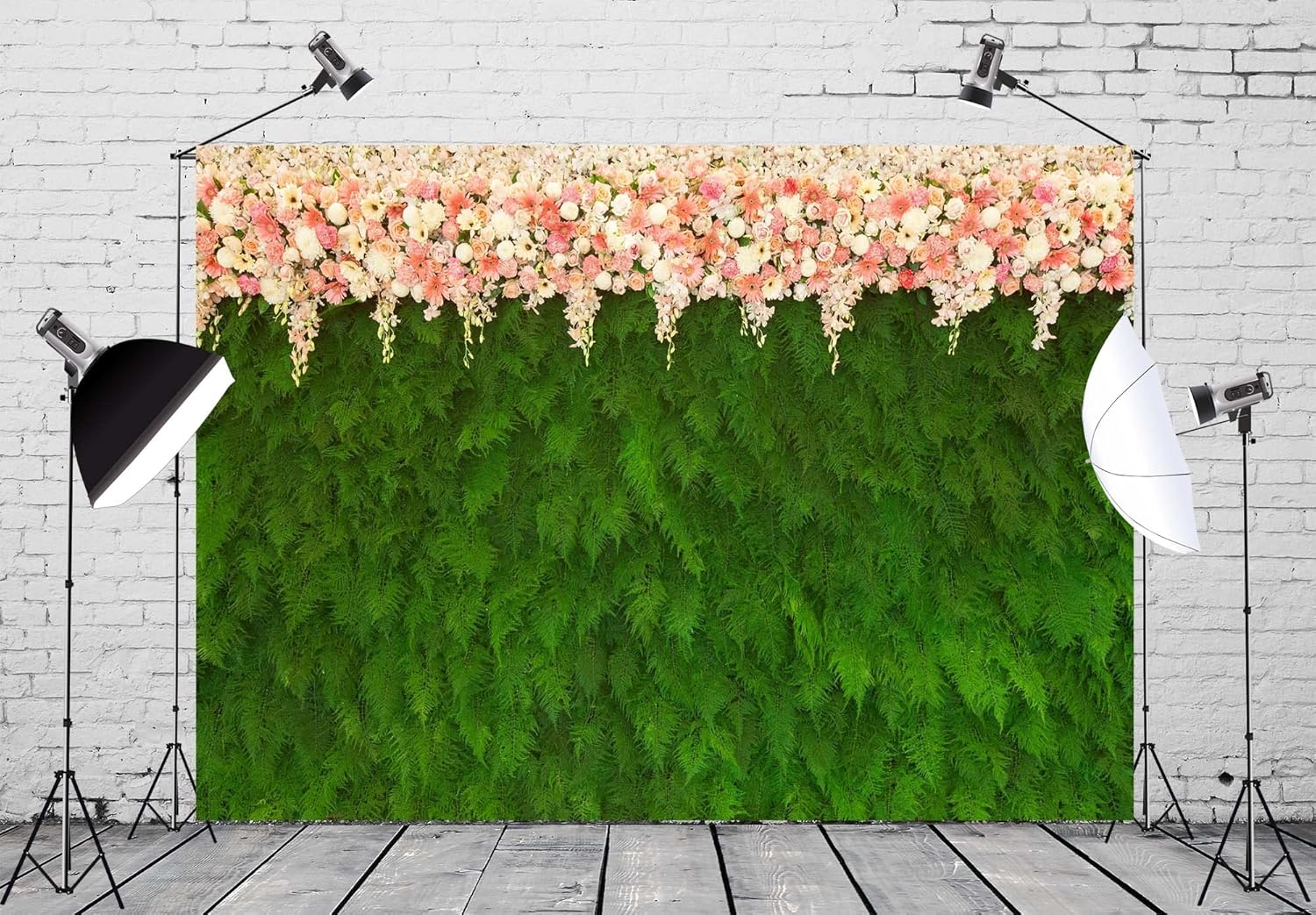 5x3ft Green Leaves Fabric Backdrop with White Pink Flowers