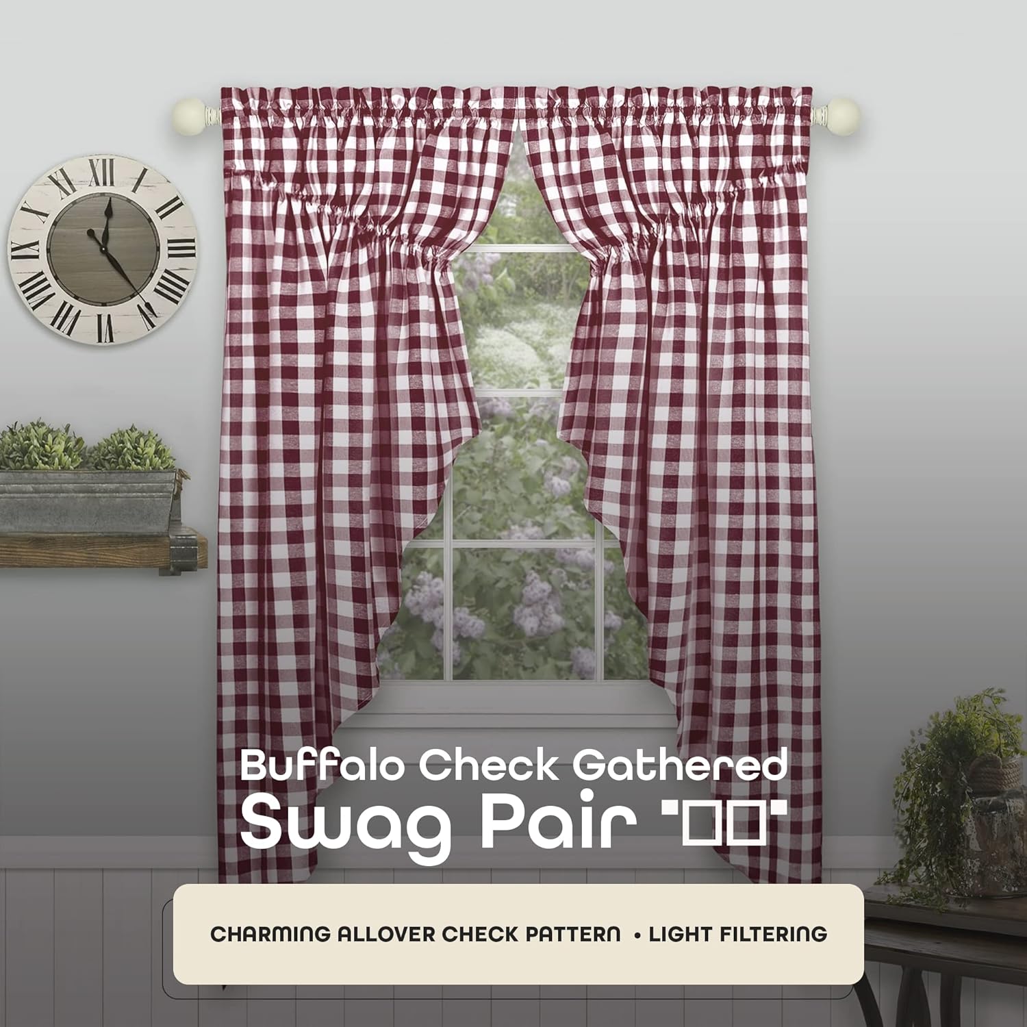 Buffalo Check Gathered Swag Curtains - 72x63 Inch Burgundy Ivory Pair