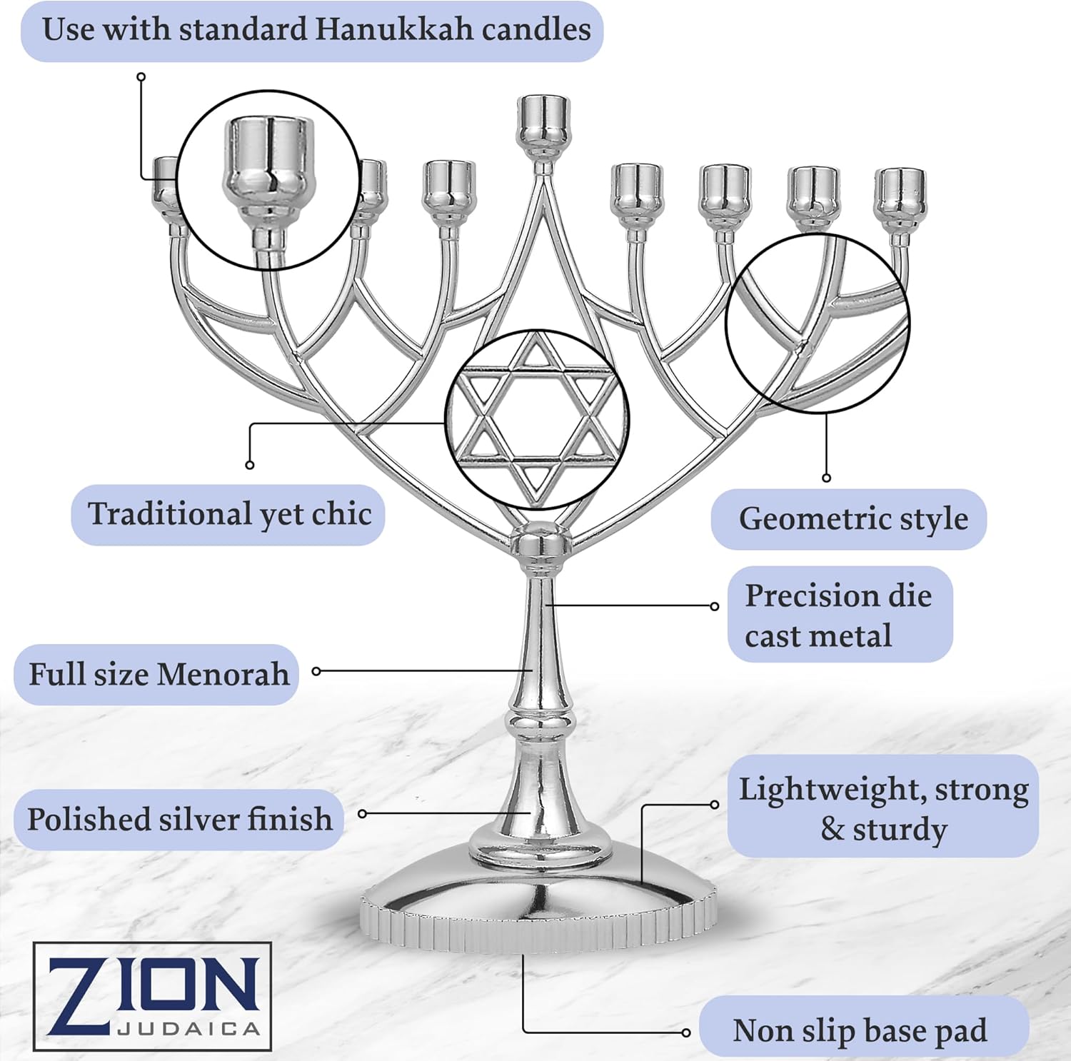Traditional Classic Geometric Hanukkah Menorah 9 Inch Silver Plated