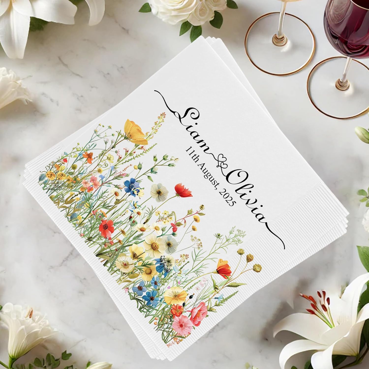 Personalized Floral Wedding Napkins with Name and Date